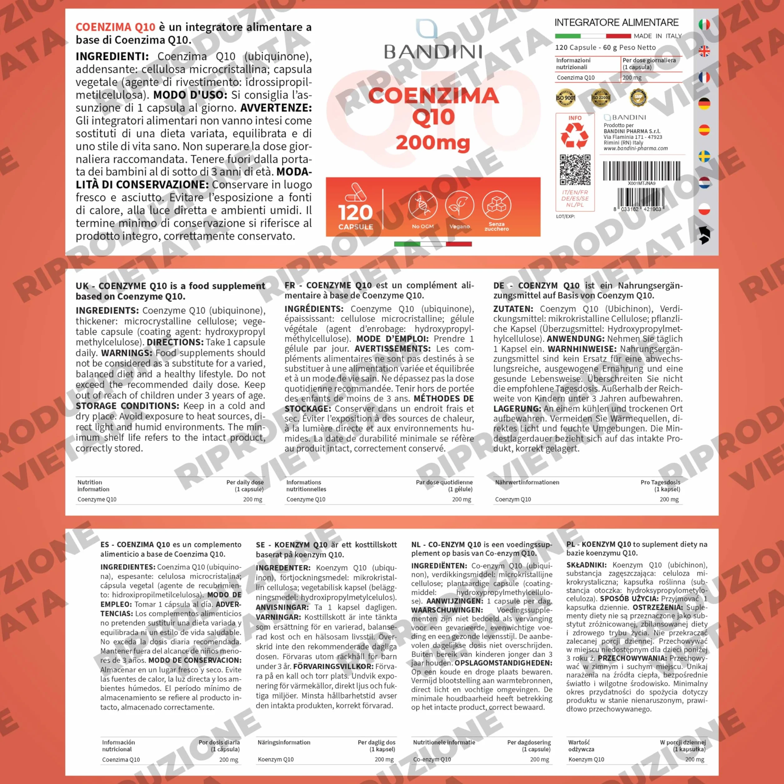 Bandini Coenzima Q10 200mg 120 Capsule Vegane Ubiquinone Puro Coq10 Fermentato Naturalmente Alto Dosaggio