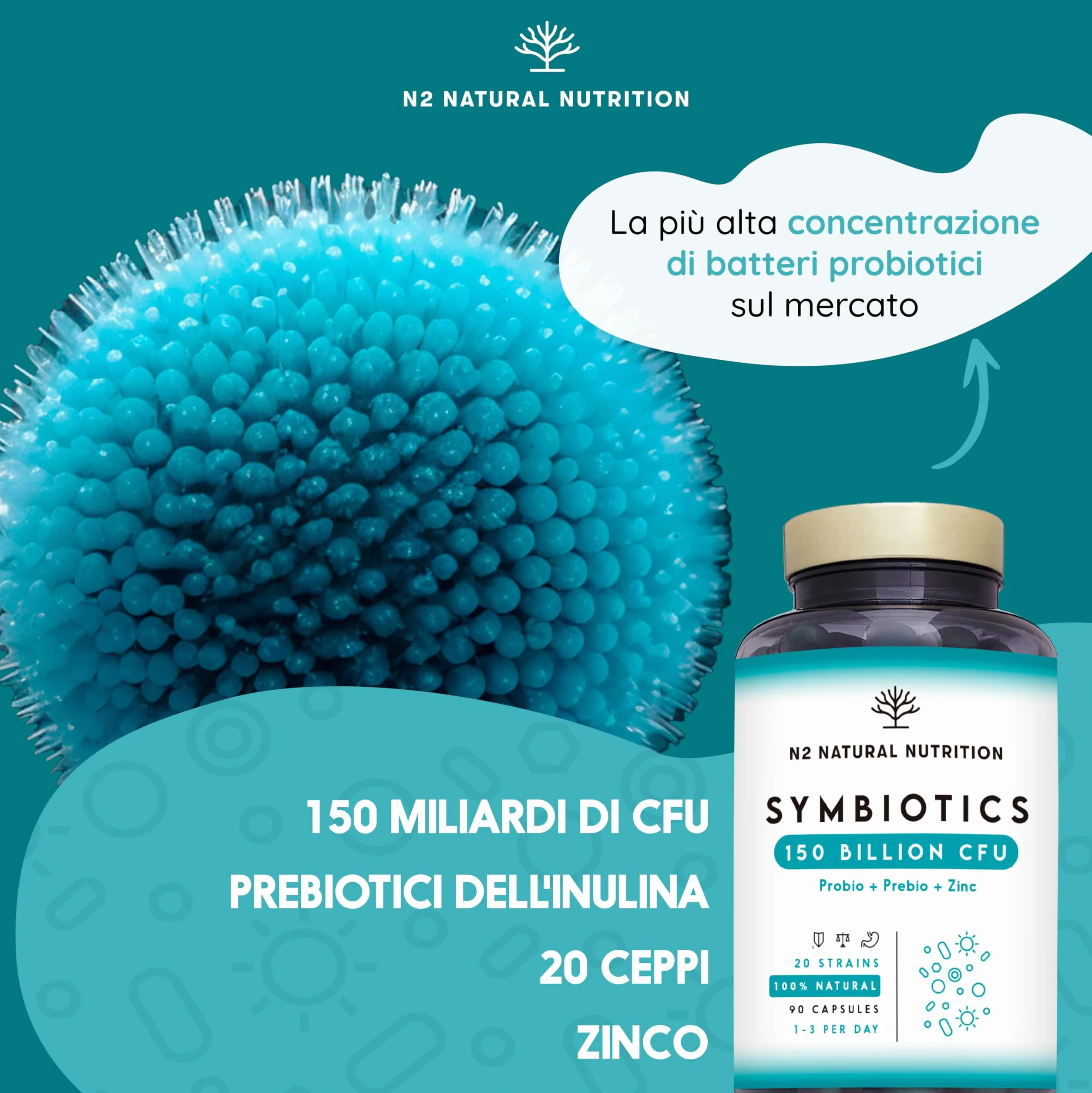 N2 Natural Nutrition Fermenti Lattici Probiotici 150 Miliardi UFC 20 Ceppi 90 Capsule Vegano