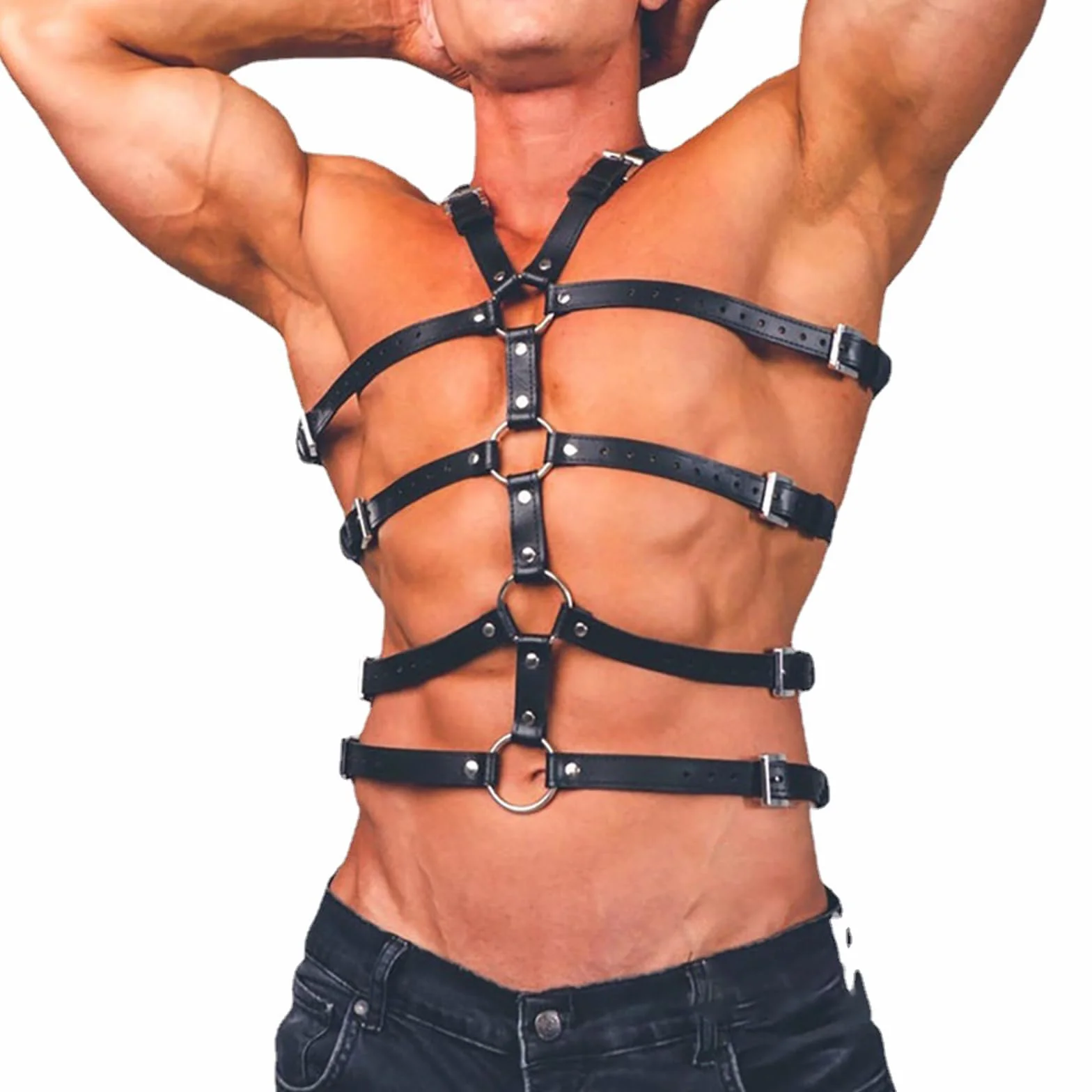Imbracatura pettorale in pelle da uomo Bretelle Cintura punk regolabili nere con fibbia Clubwear