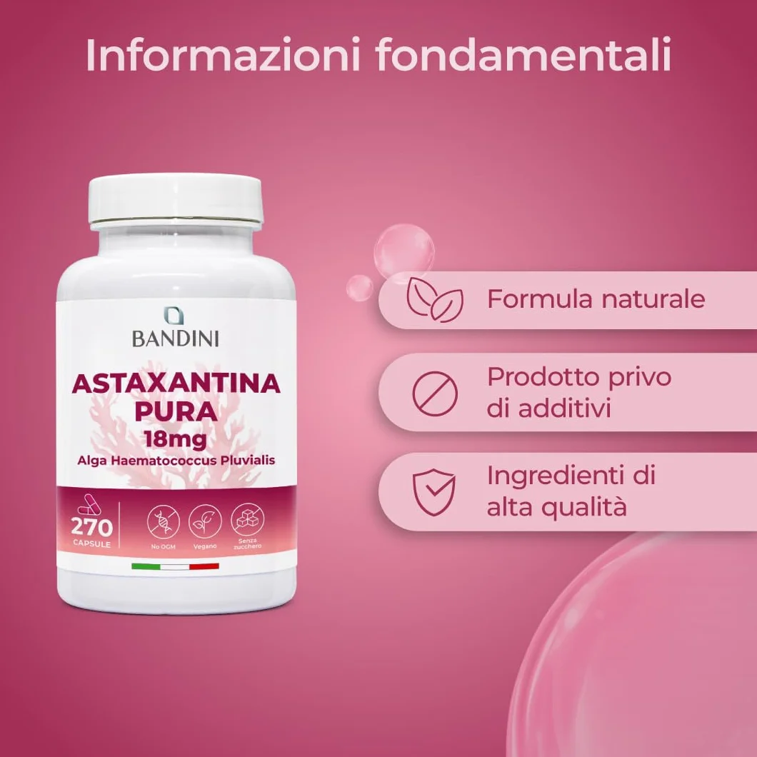 Bandini Astaxantina pura 18 mg 270 capsule antiossidante naturale alga Haematococcus Pluvialis