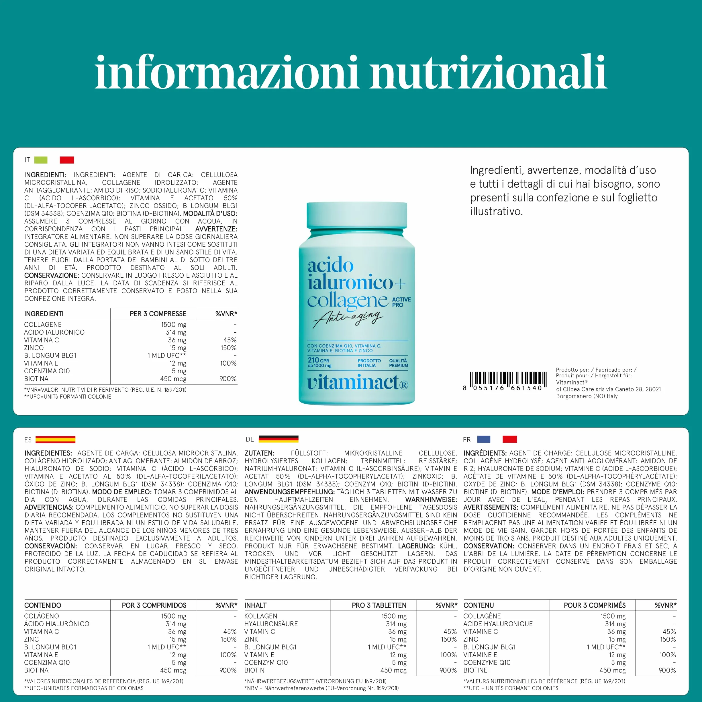 Collagene e Acido Ialuronico con Probiotico Bifidobacterium L. BLG1, Vit C e E, Q10, Zinco e Biotina