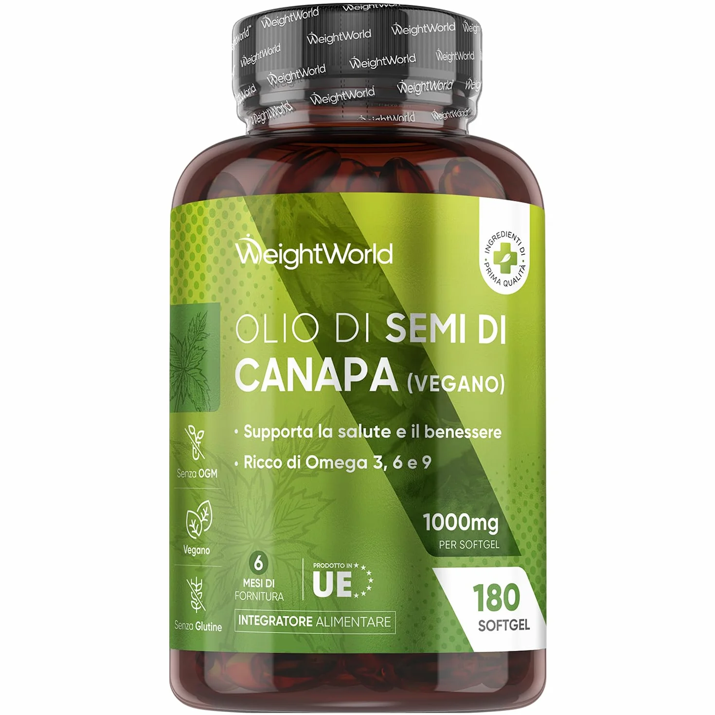 Olio di Canapa 1000mg per Softgel, 180 Softgel Vegane, Omega 3 6 9, ALA, Spremuto a Freddo