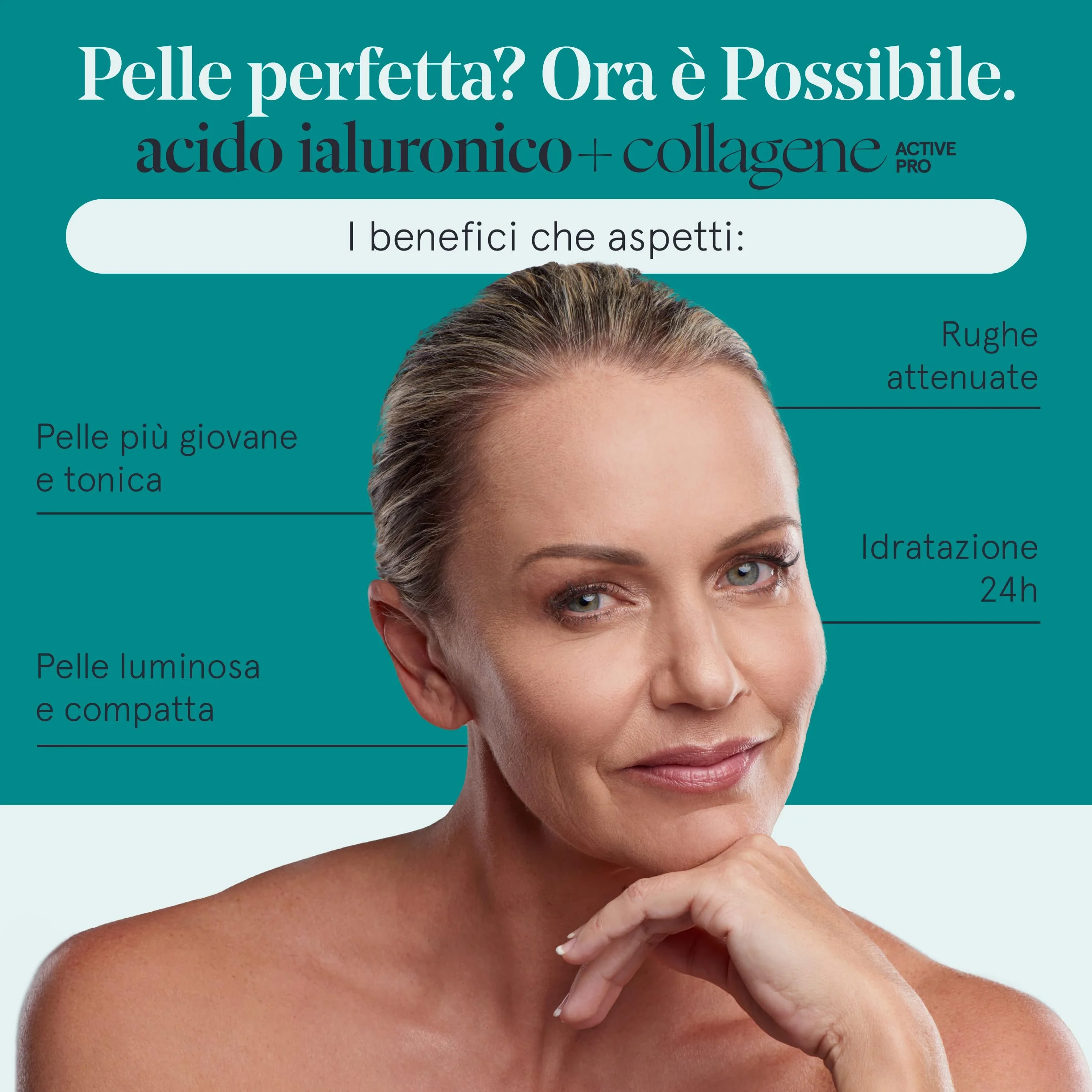 Collagene e Acido Ialuronico con Probiotico Bifidobacterium L. BLG1, Vit C e E, Q10, Zinco e Biotina