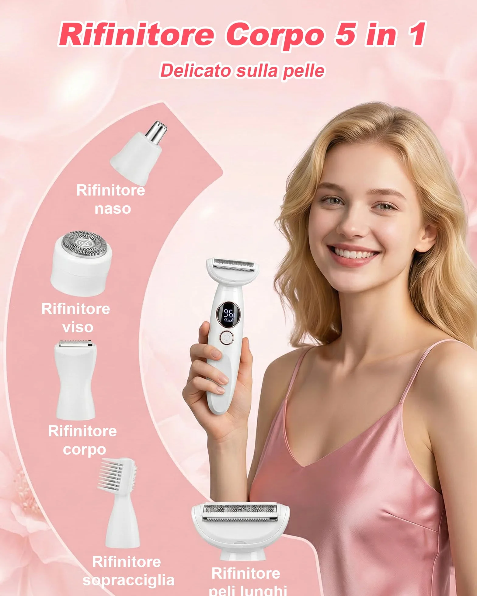 Carehabi Rasoio Elettrico Donna 5 in 1 IPX7 Impermeabile Depilatore Indolore Viso Corpo Bikini Sopracciglia Lady Shaver Base Ricarica USB