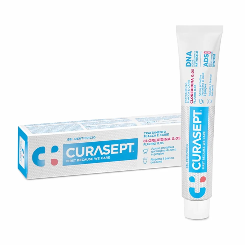 Curasept Kit Igiene Orale Quotidiana 0,05% Clorexidina - Collutorio 200 ml + Gel Dentifricio 75 ml - ADS Antiplacca e Carie, Senza Alcol