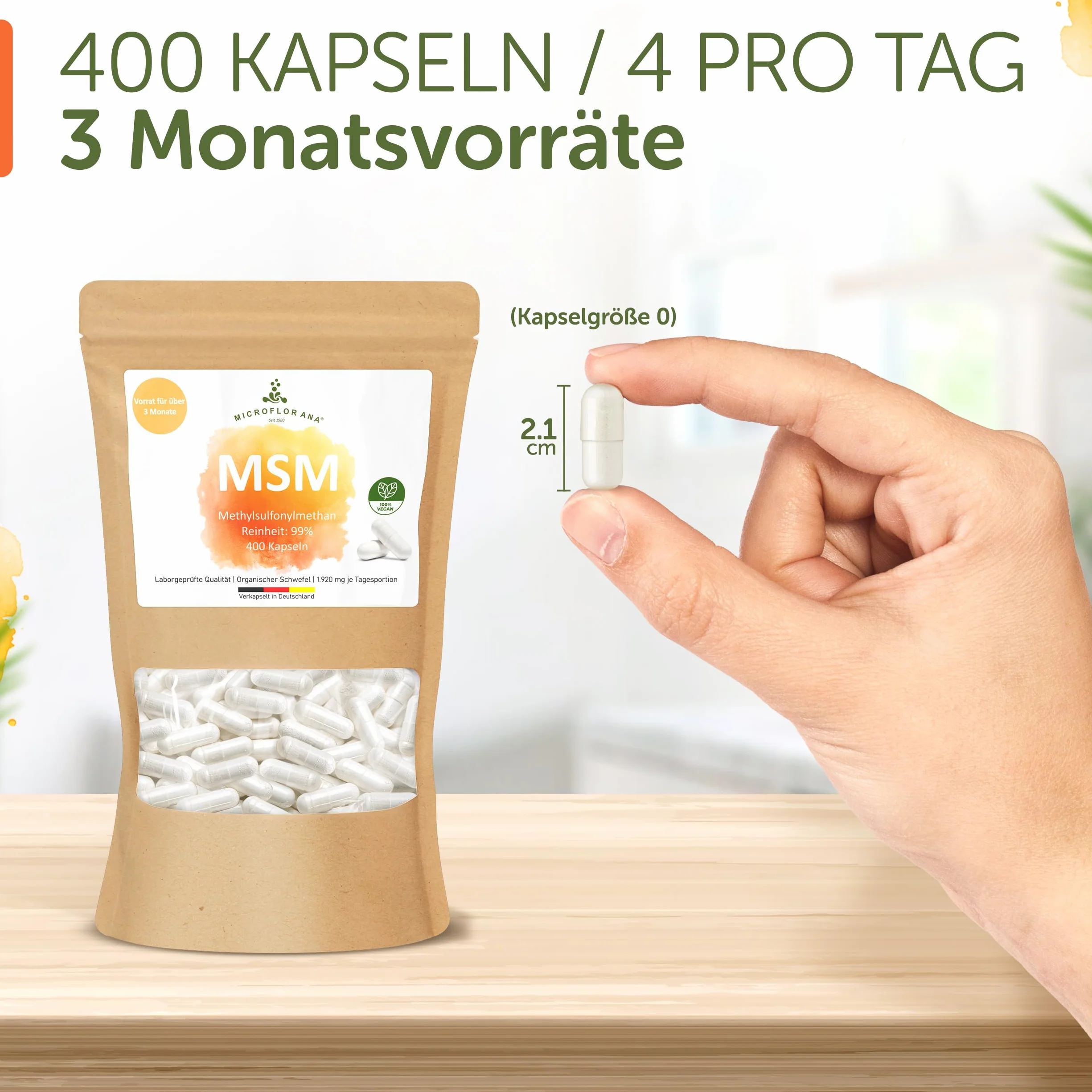 Capsule MSM 480 mg 400 pezzi Metilsulfonilmetano Zolfo Prodotto in DE