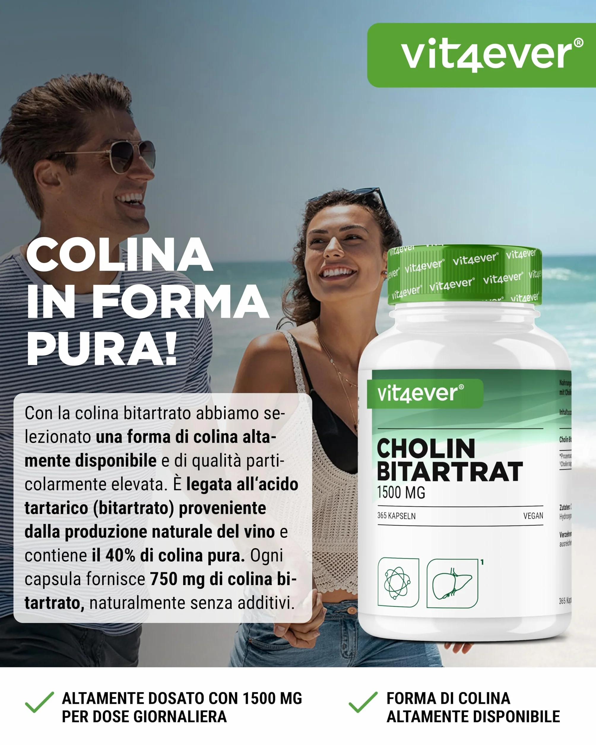 Capsule di colina 1500 mg bitartrato per dose giornaliera – 365 capsule vegane per fegato, omocisteina e metabolismo dei grassi