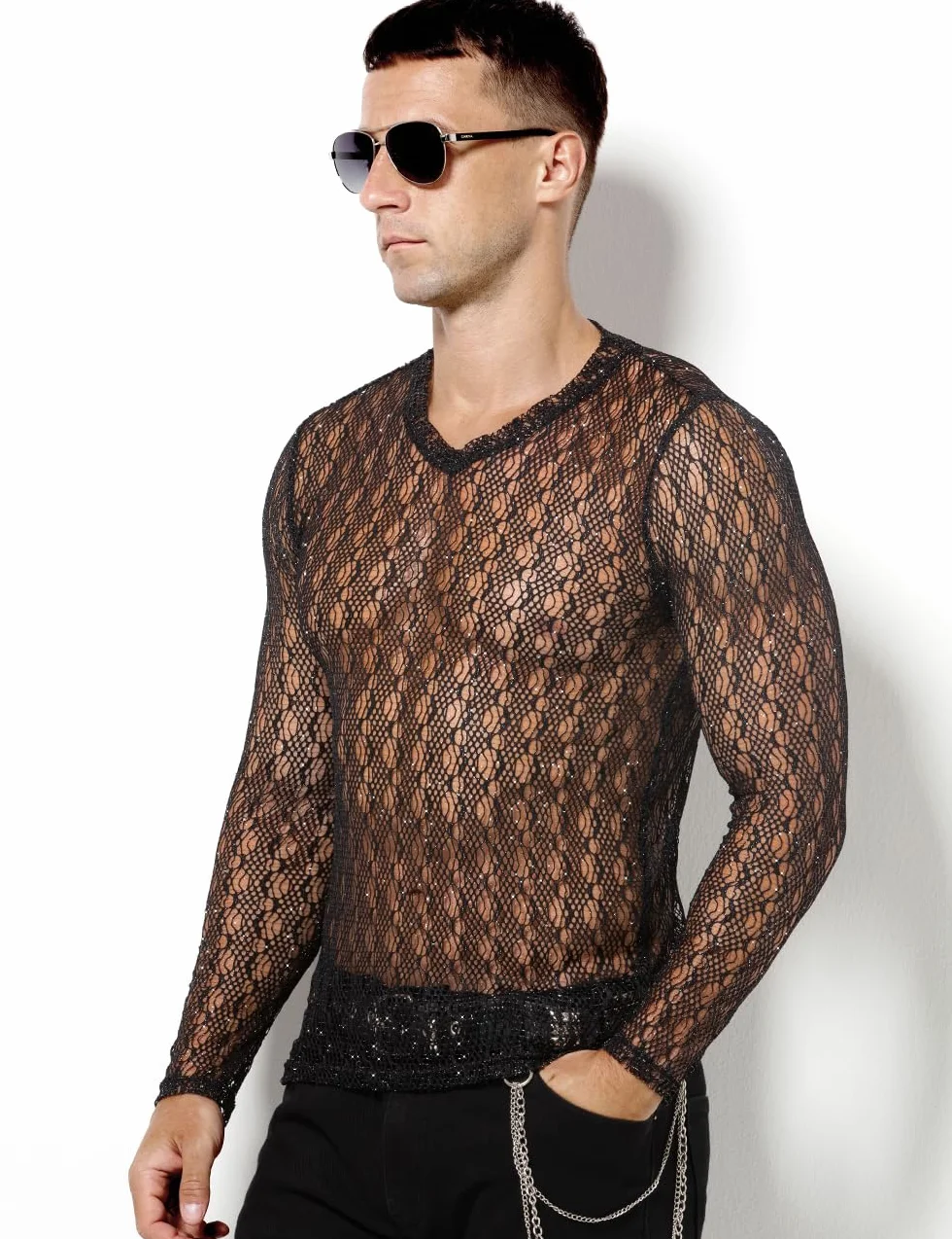 Casey Kevin Maglia Rete Uomo Paillettes Clubwear Party T-Shirt Intimo Sexy Mesh Lunga