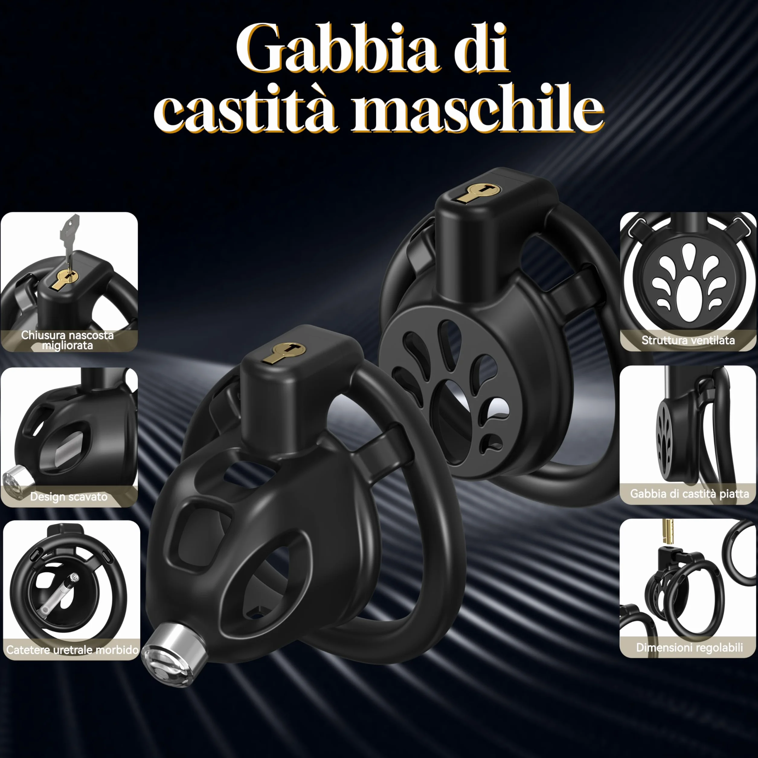 Sexytoysys Gabbia di Castità Piatta per Uomo, 2 Stili Dispositivo di Castità Maschile con 3 Anello per Pene e Catetere Uretrale