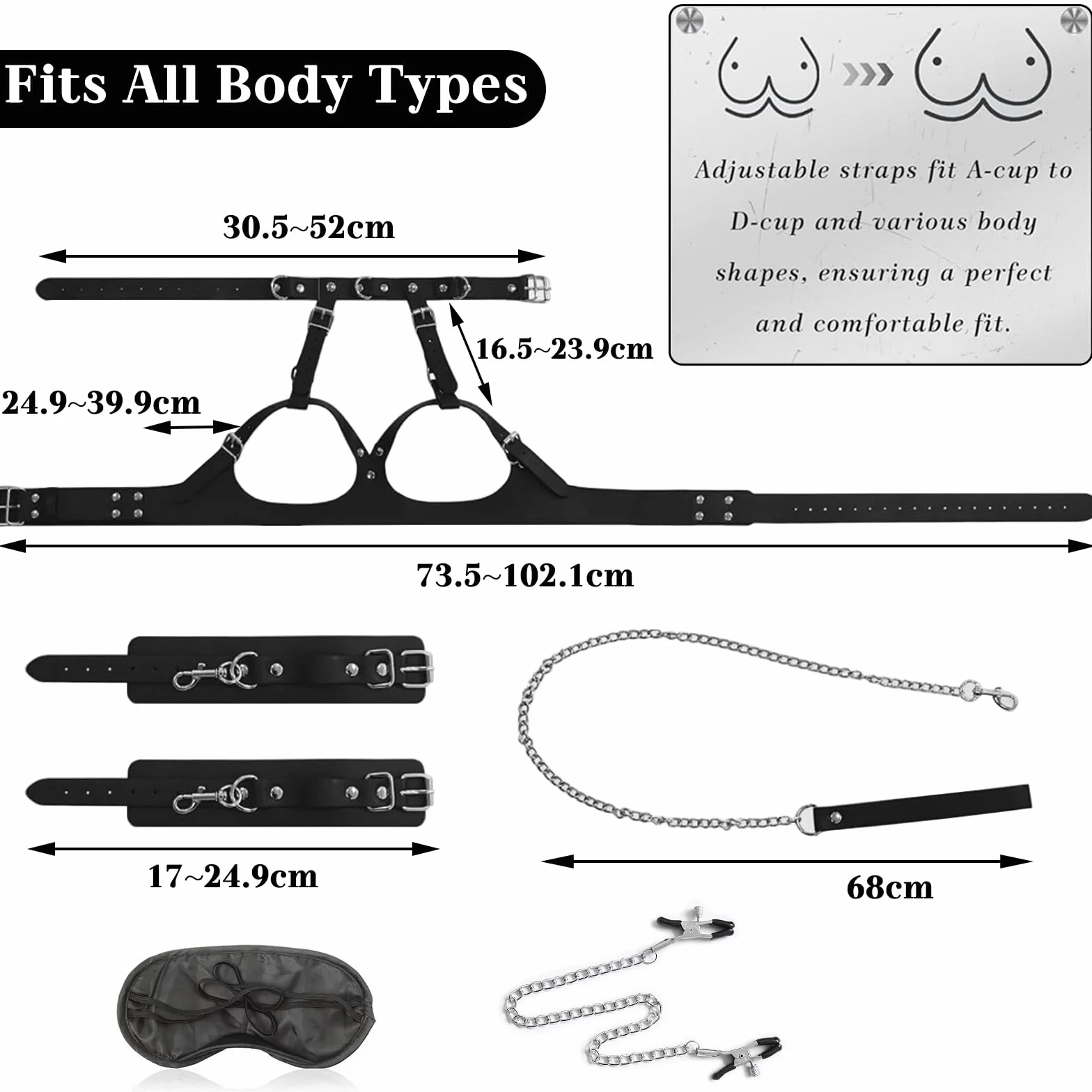 Set BDSM 6w1 Bondage Sessuale Sex Toys Manette Imbracatura Gotica Reggiseno Choker Morsetti Capezzoli Maschera Occhi