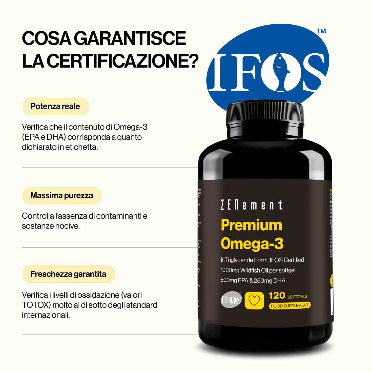 Omega 3 IFOS Trigliceridi 1000 mg EPA 500 mg DHA 120 Capsule Softgel Olio di Pesce Selvaggio Certificato FOS