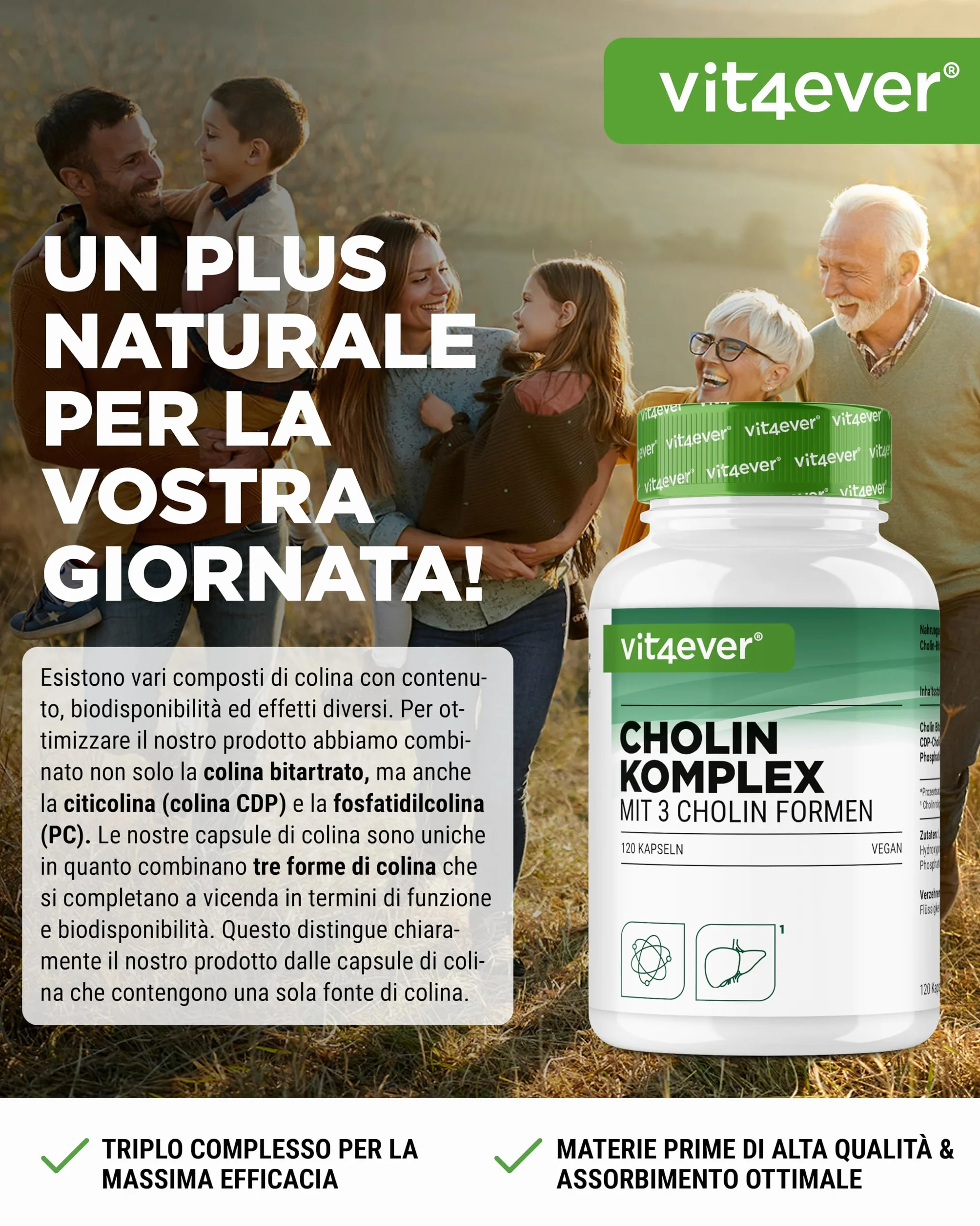Complesso di colina 3 forme 120 capsule Bitartrato citicolina fosfatidilcolina Vegan