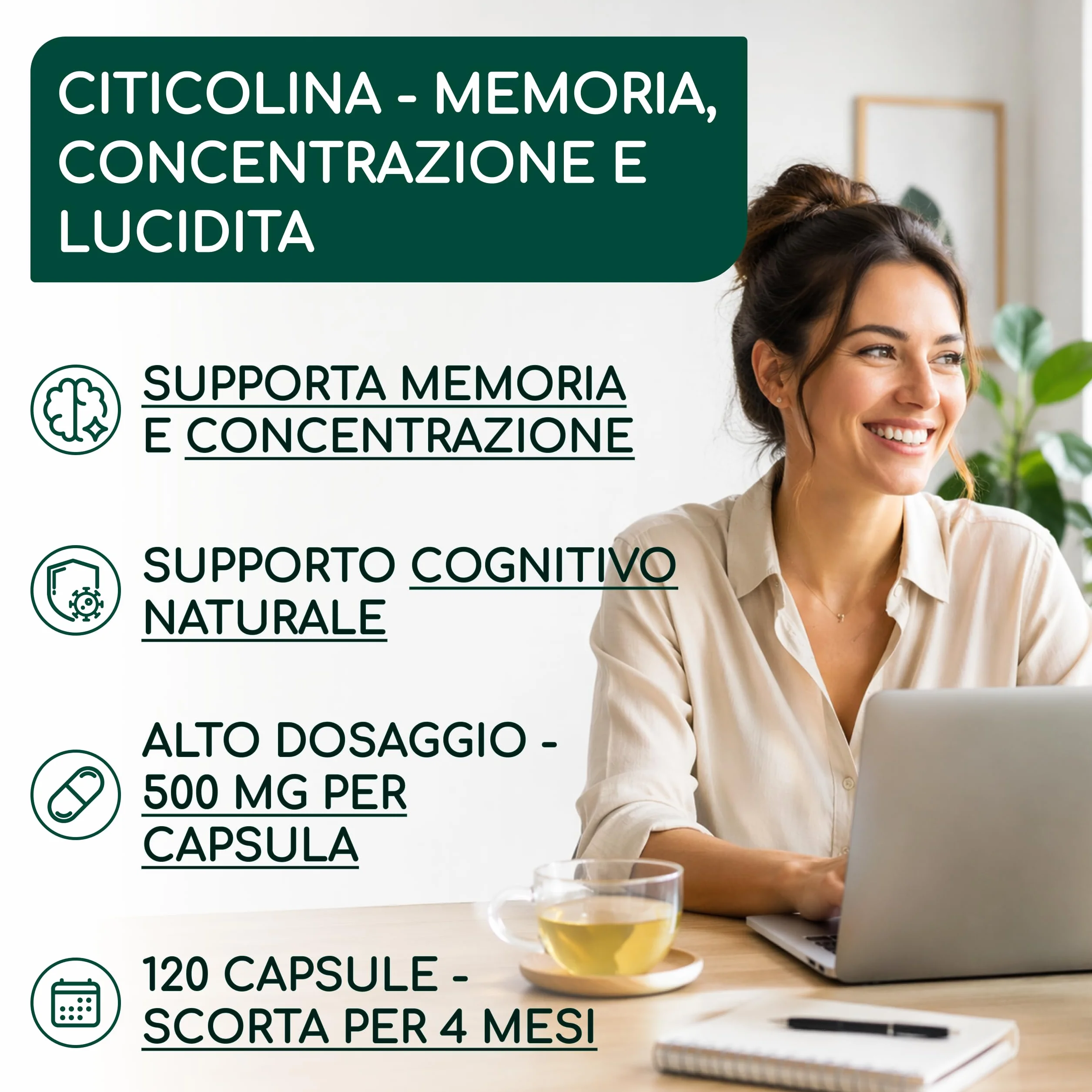 Citicolina 500 mg per Capsula 120 Capsule - CDP-Colina Pura Memoria Concentrazione Funzione Cellulare Vegano