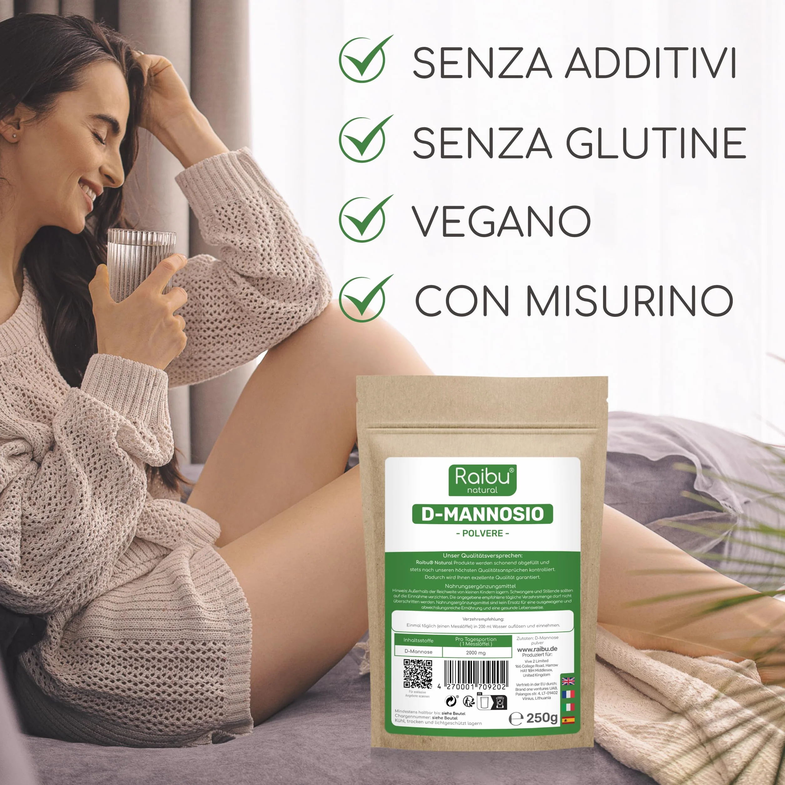 Raibu D-Mannosio Polvere 250g Naturale Vegan Cucchiaio Dosatore