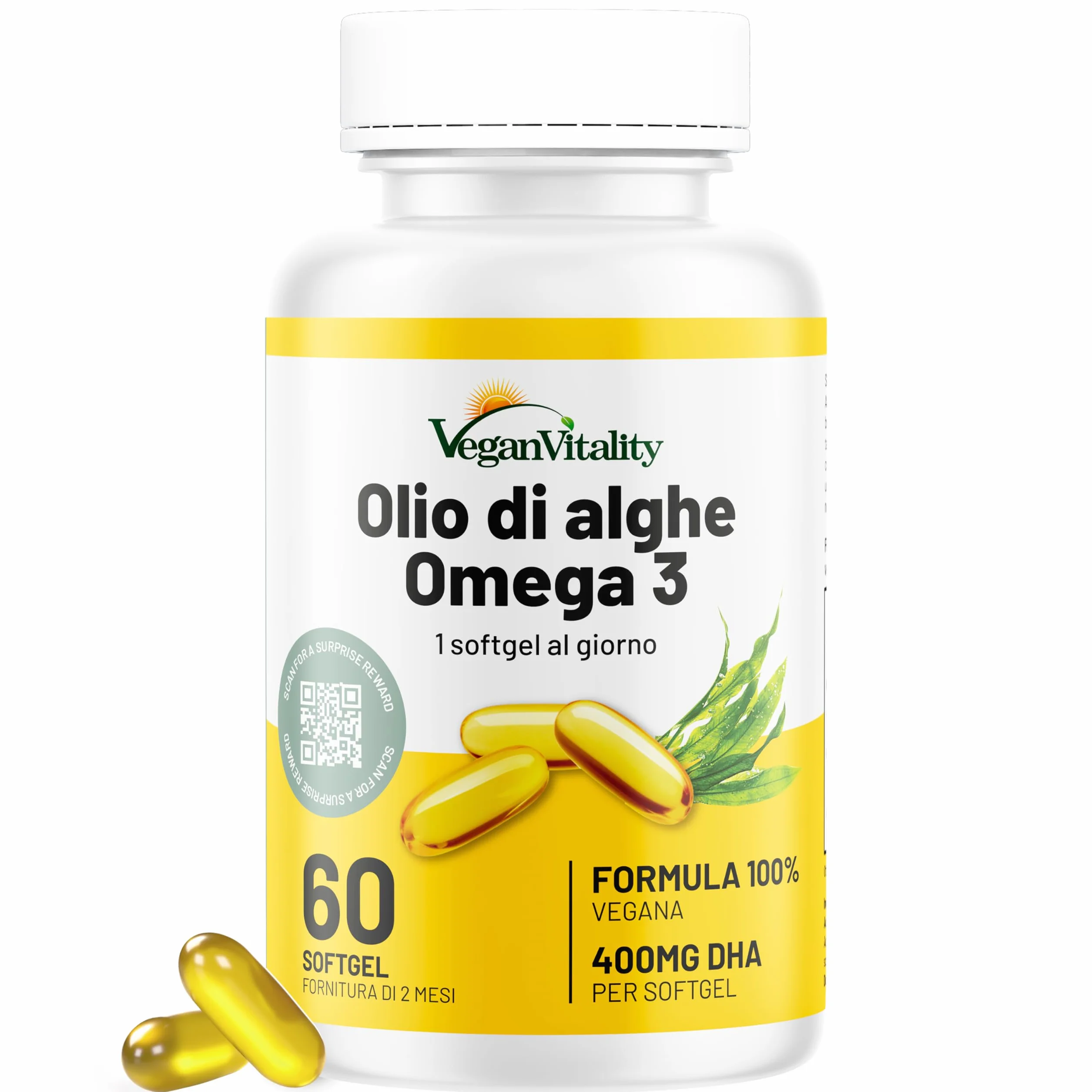 Omega 3 Vegan Olio di Alghe 400mg DHA 60 Capsule Integratore