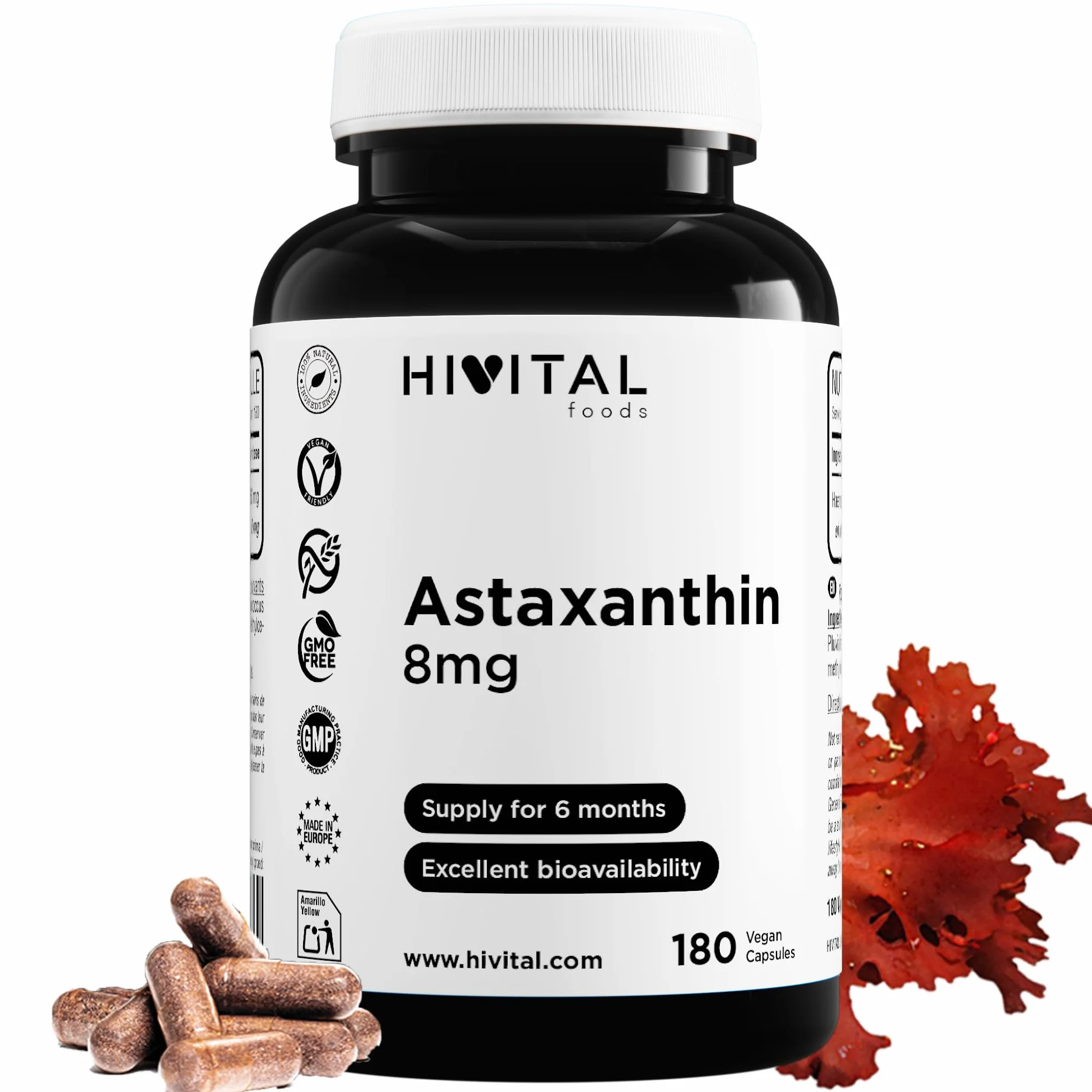 Astaxantina pura 8 mg 180 capsule vegane da Haematococcus Pluvialis 5% HIVITAL