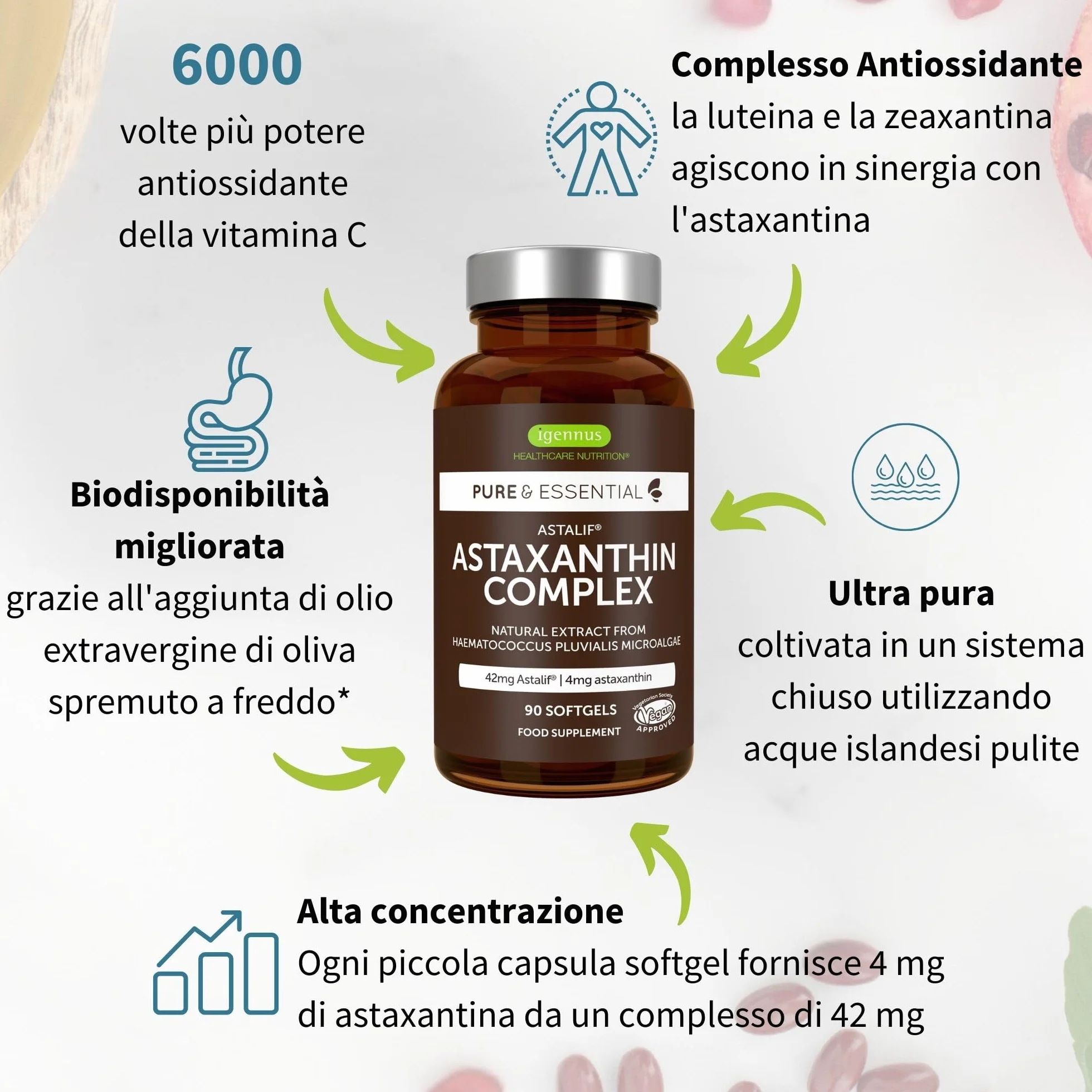 Igennus Astaxantina 4 mg Ultra Pura, Antiossidante Naturale, 90 Capsule Vegane, Integratore Vegano