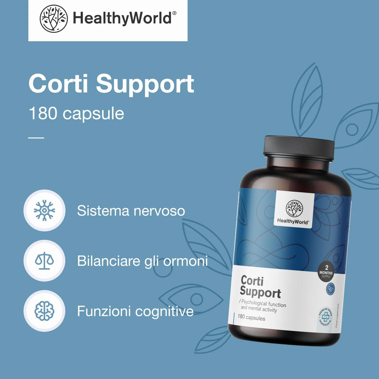 HealthyWorld Corti Support 180 capsule Ashwagandha Rodiola Rosea L-teanina Zinco Pepe nero Vitamina C1 B1 B5 B6 Equilibrio ormonale Formula vegetariana