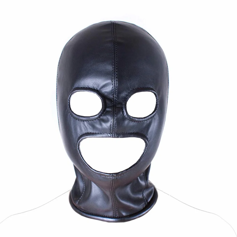 Maschera Pelle Erotica 3 Fori con Cerniera Aperta Occhi Bocca Hollow Bondage Fetish Cosplay Sex Toy Nero