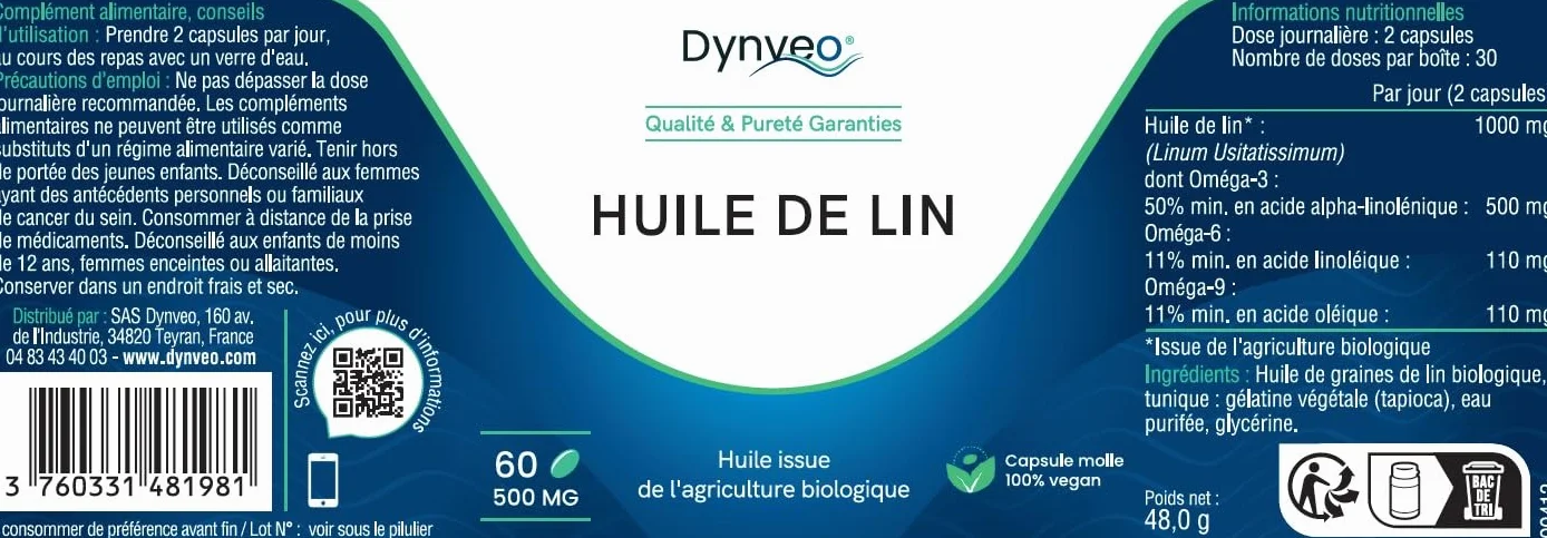 Olio di lino biologico capsule molli vegani ricco in acido alfa-linolenico ALA Omega 3-6-9 60 capsule Dynveo