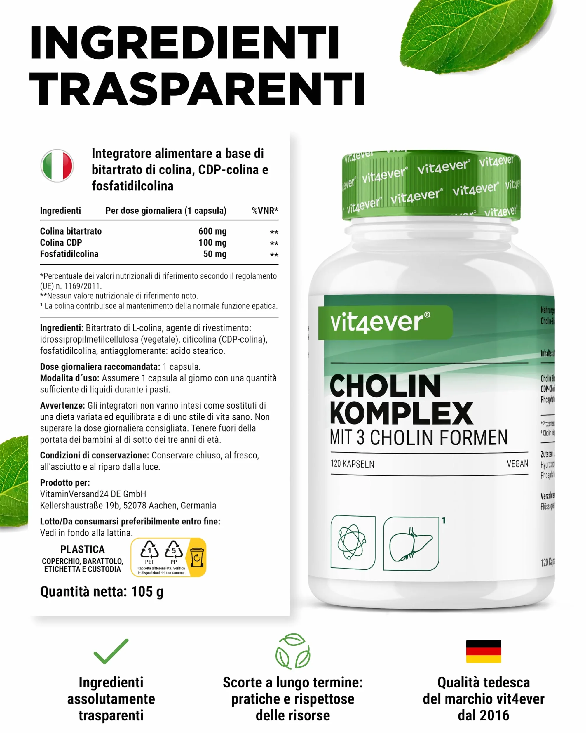 Complesso di colina 3 forme 120 capsule Bitartrato citicolina fosfatidilcolina Vegan
