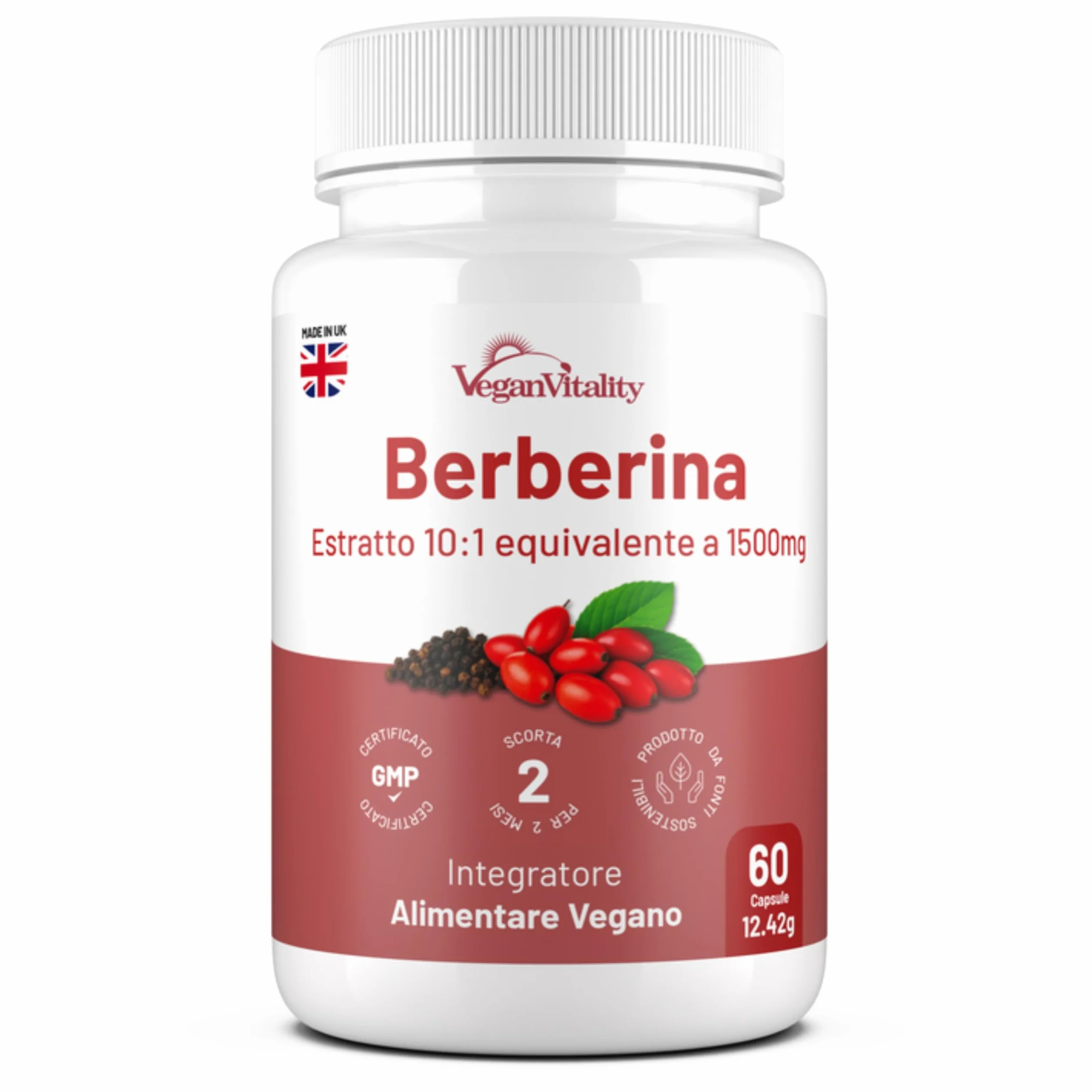 Berberina 1500mg Alto Dosaggio – 60 Capsule, 2 Mesi – Supporto Metabolico e Glicemia – Prodotto nel Regno Unito