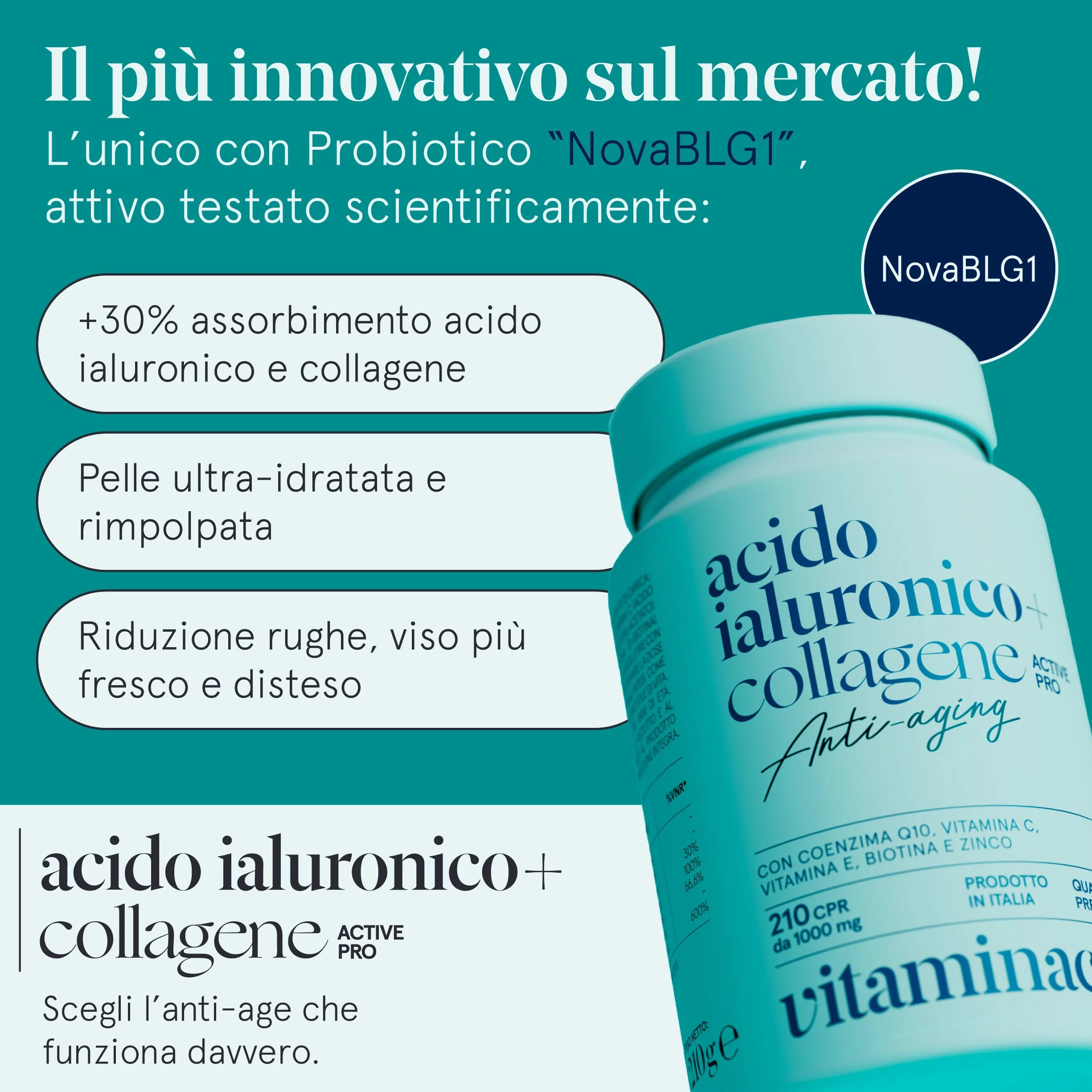 Collagene e Acido Ialuronico con Probiotico Bifidobacterium L. BLG1, Vit C e E, Q10, Zinco e Biotina