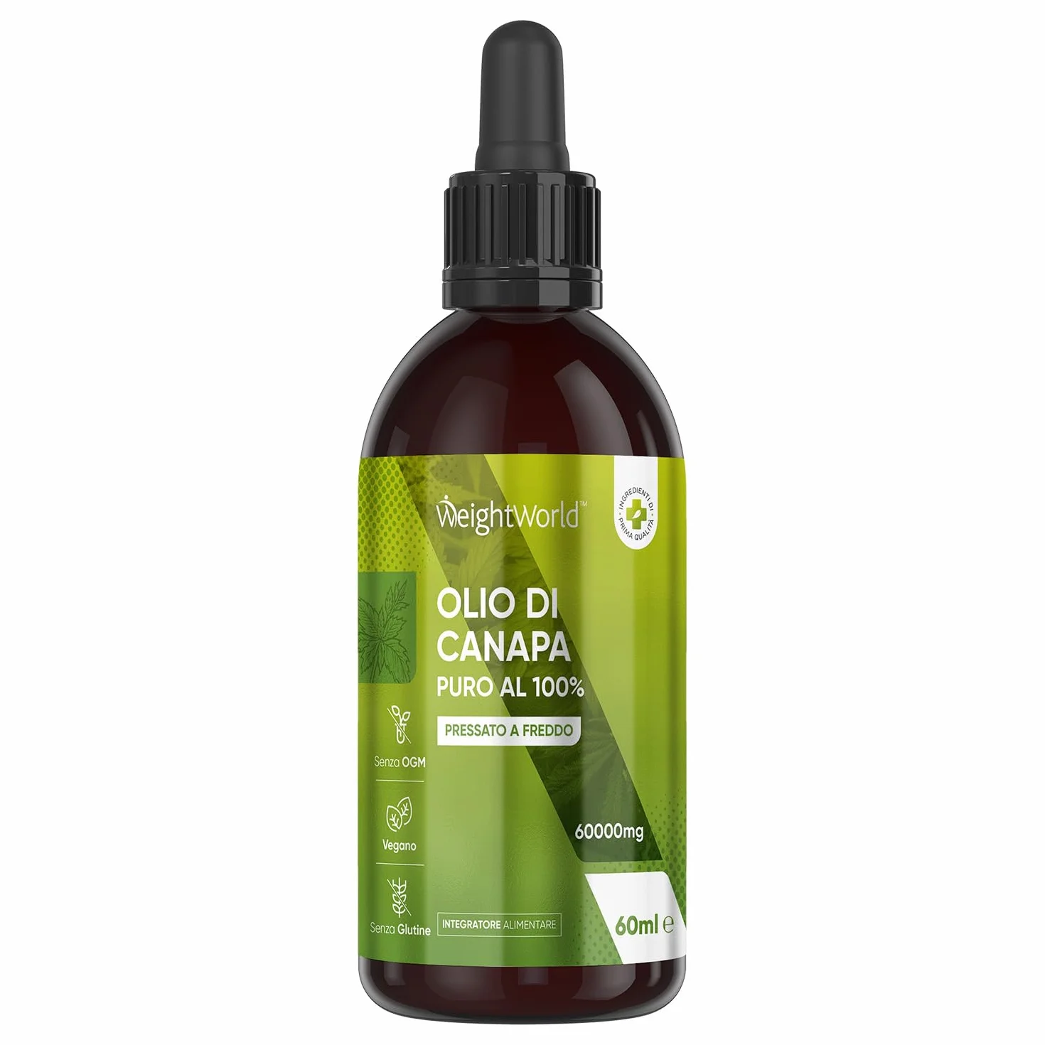 Olio di Canapa 2000mg 60ml 100% Puro Vegano Pressato a Freddo Integratore Hemp Oil