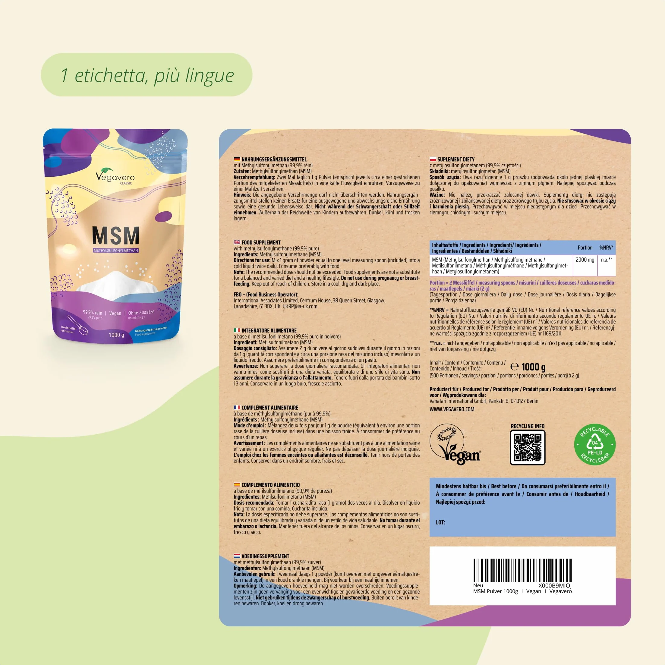 Vegavero® Zolfo in polvere puro 99,9% 1Kg Salute Articolazioni Unghie Capelli Senza Additivi Vegan