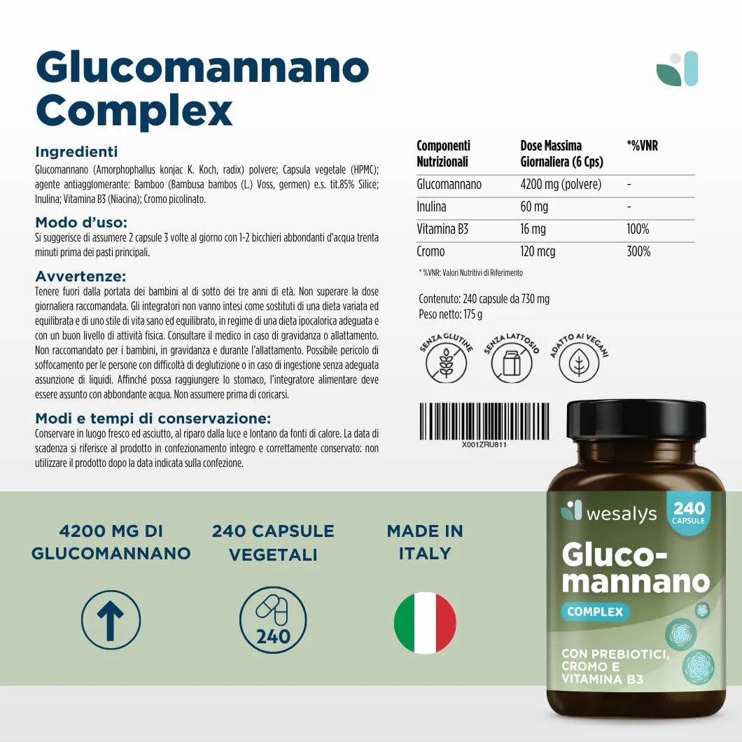 Wesalys Glucomannano Forte 4.200 mg 240 Capsule Integratore Ad Alto Dosaggio con Cromo Vitamina B3 Prebiotici