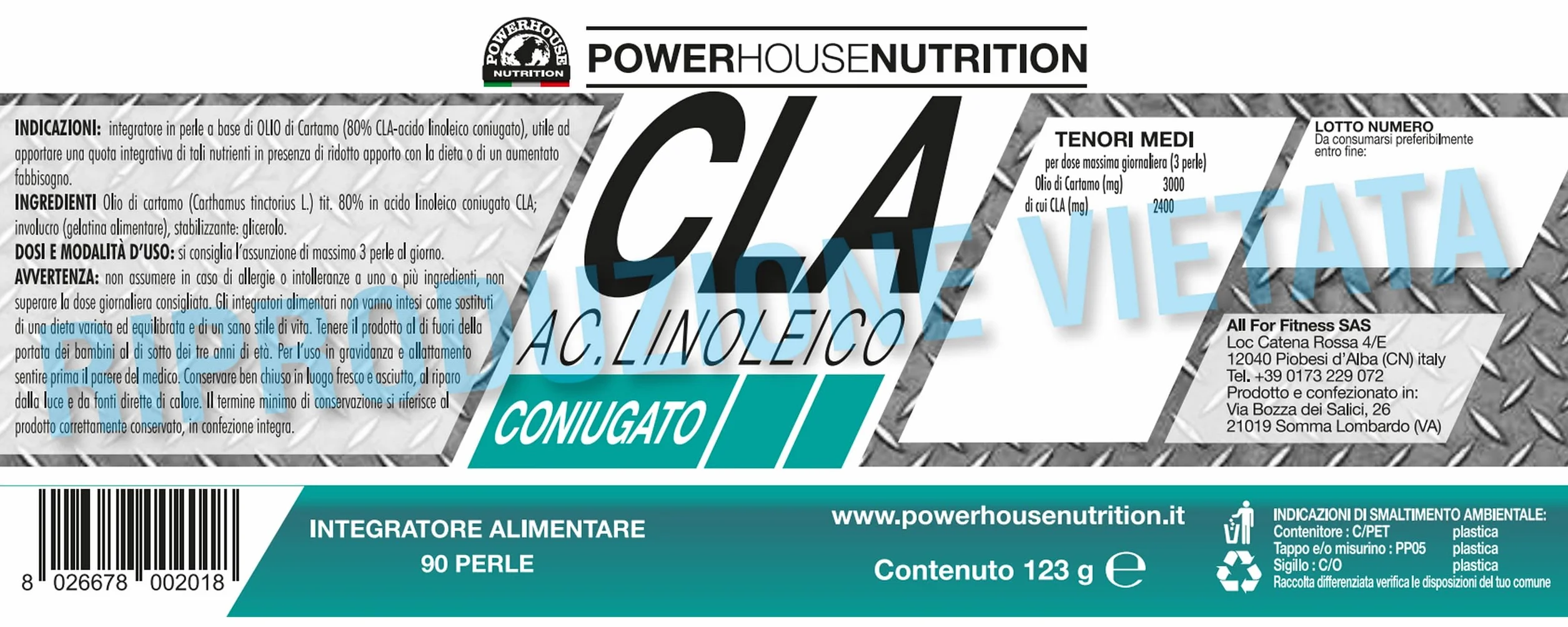 CLA Acido Linoleico Coniugato Powerhouse Nutrition, Integratore Made in Italy, Olio di Cartamo, 90 Perle