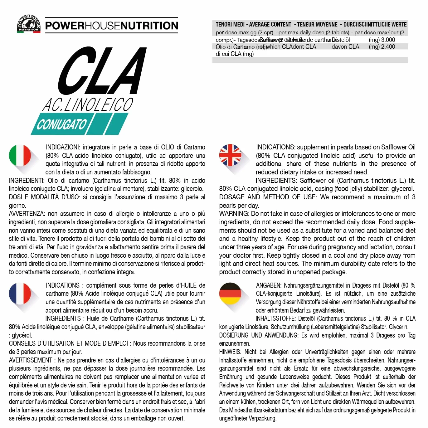 CLA Acido Linoleico Coniugato Powerhouse Nutrition, Integratore Made in Italy, Olio di Cartamo, 90 Perle