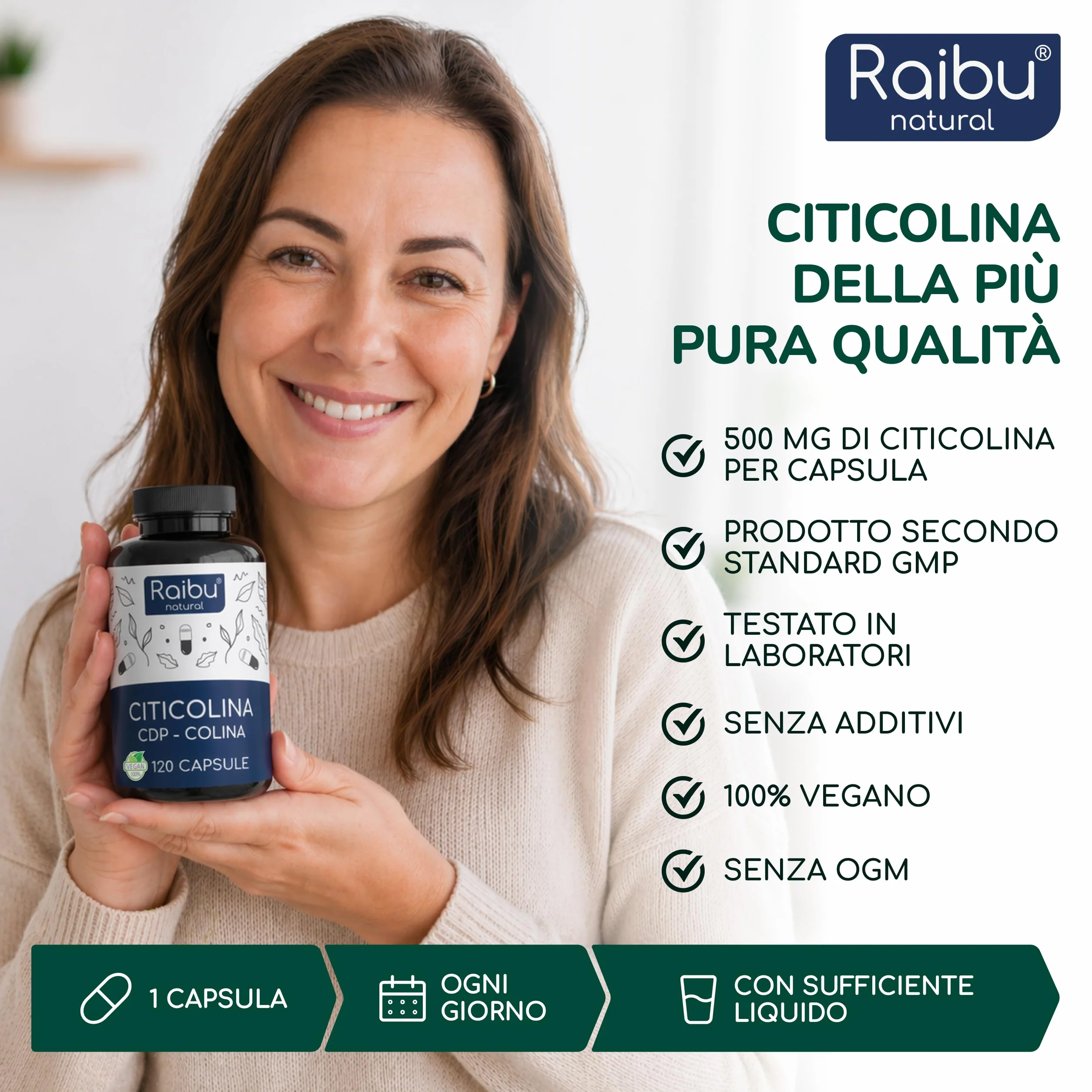 Citicolina 500 mg per Capsula 120 Capsule - CDP-Colina Pura Memoria Concentrazione Funzione Cellulare Vegano