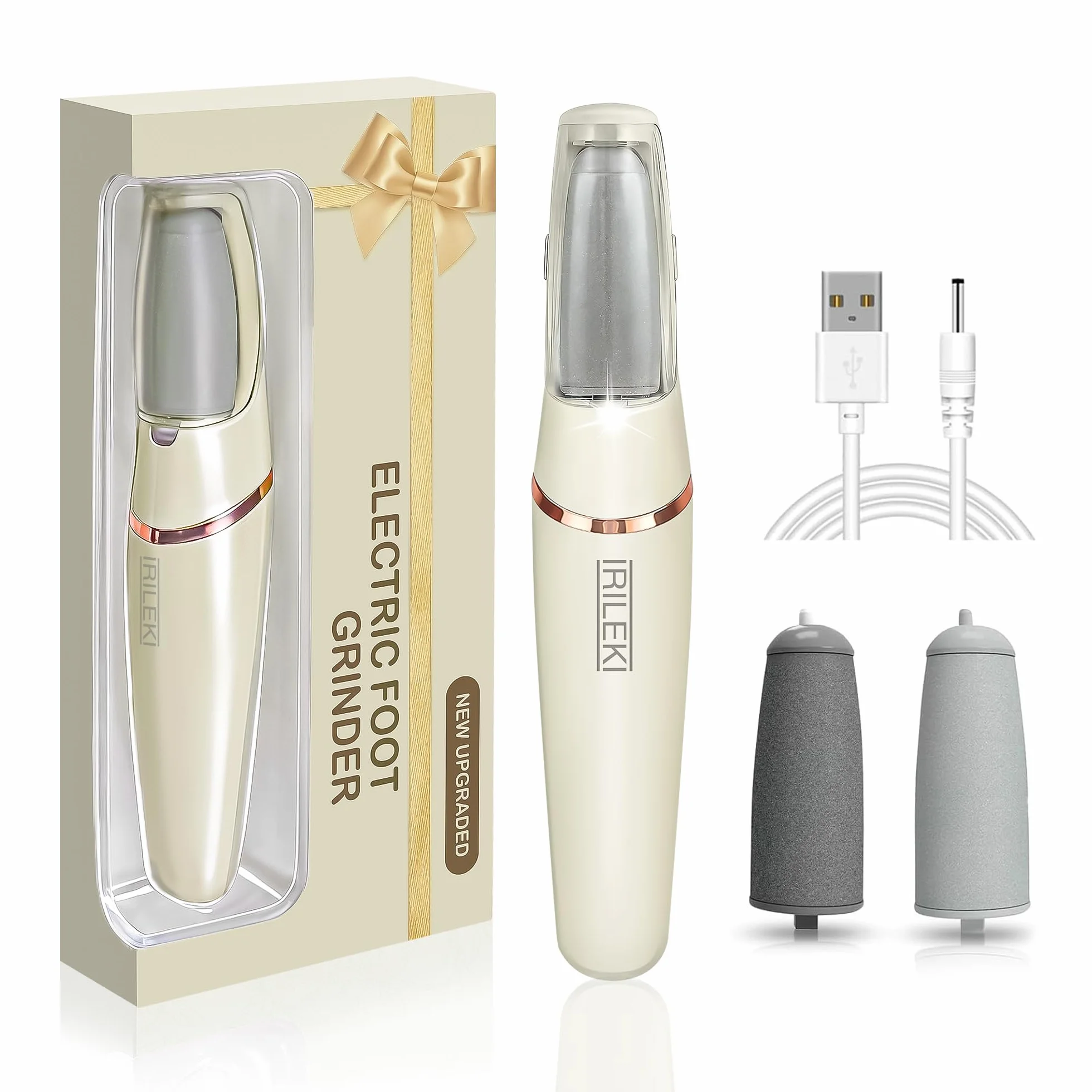 Rimuovi Calli Elettrico, Lima Piedi Ricaricabile Portatile, Strumento Pedicure per Piedi e Mani, Cura Pelle Secca, Beige