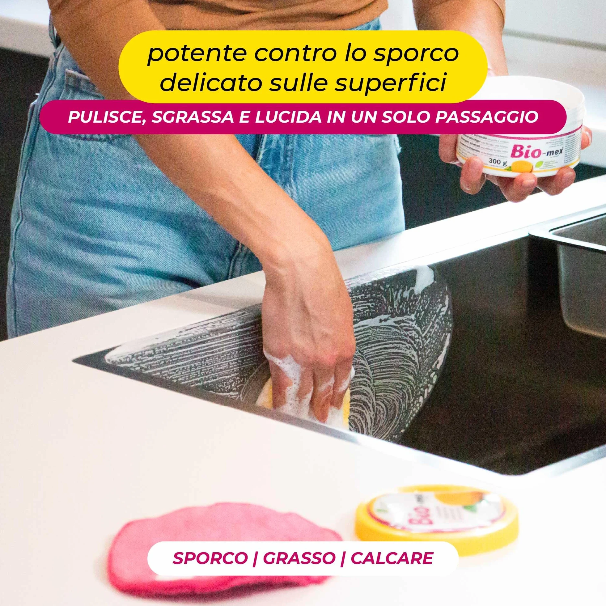 Bio-mex® Detergente Universale Biodegradabile 300gr con Spugna - Pasta Pulente per Acciaio