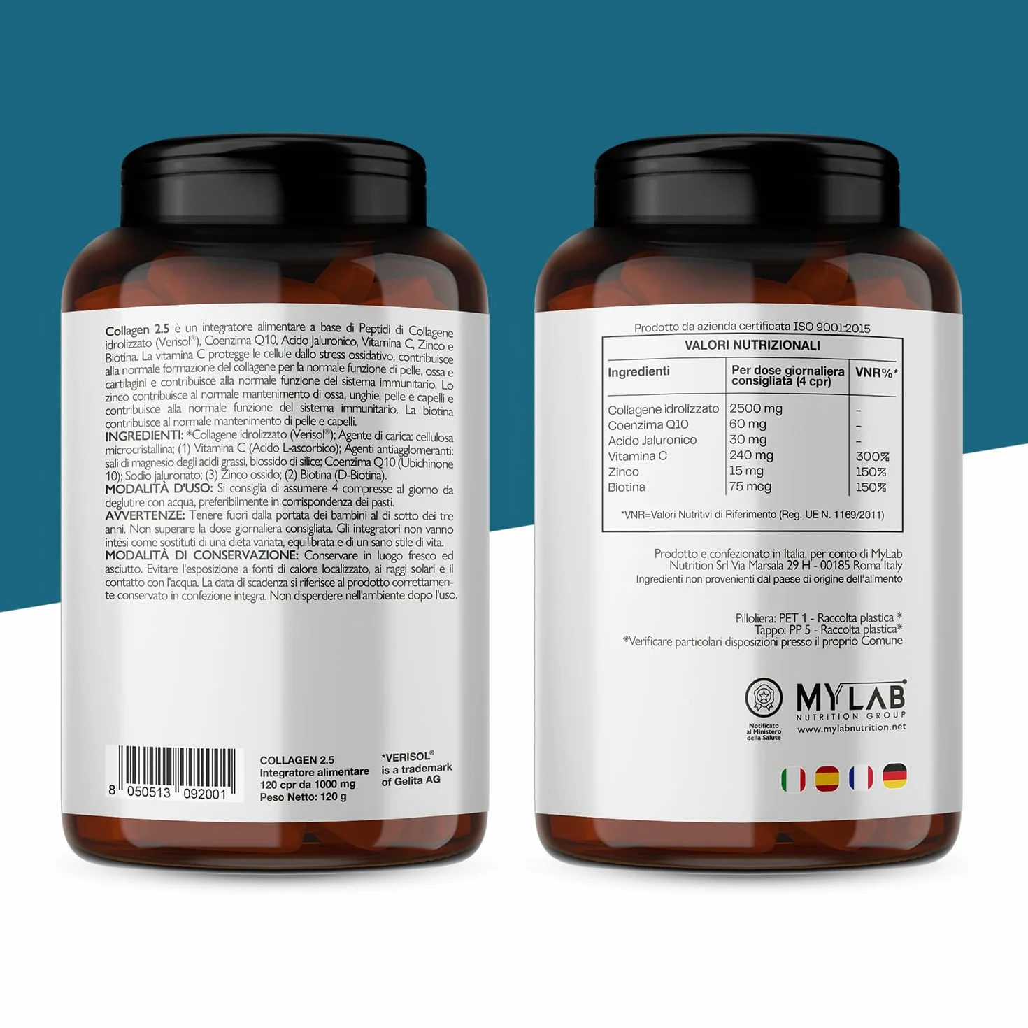Collagene Idrolizzato Verisol® 2500 mg + Acido Ialuronico + Coenzima Q10 Integratore Pelle Capelli Ossa 120 compresse