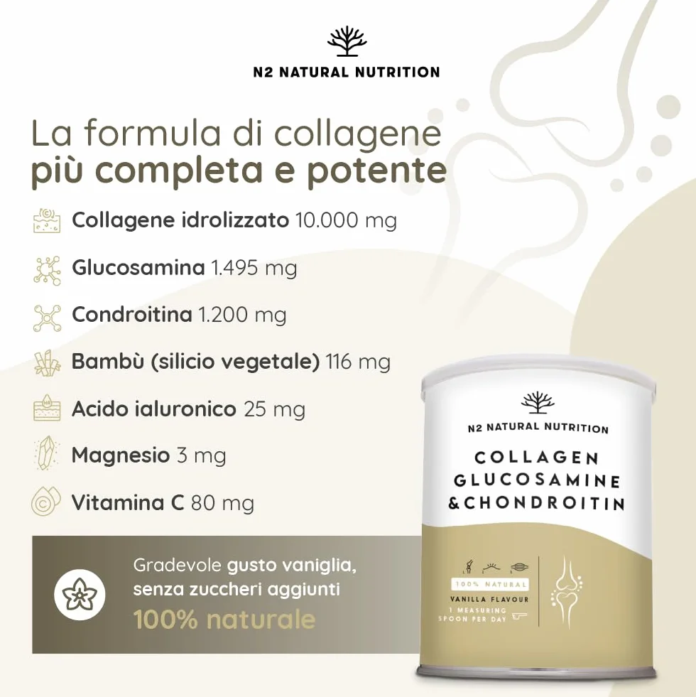 N2 Natural Nutrition Glucosamina 1500mg Condroitina 1200mg Collagene Idrolizzato 10000mg Acido Ialuronico Vitamina C