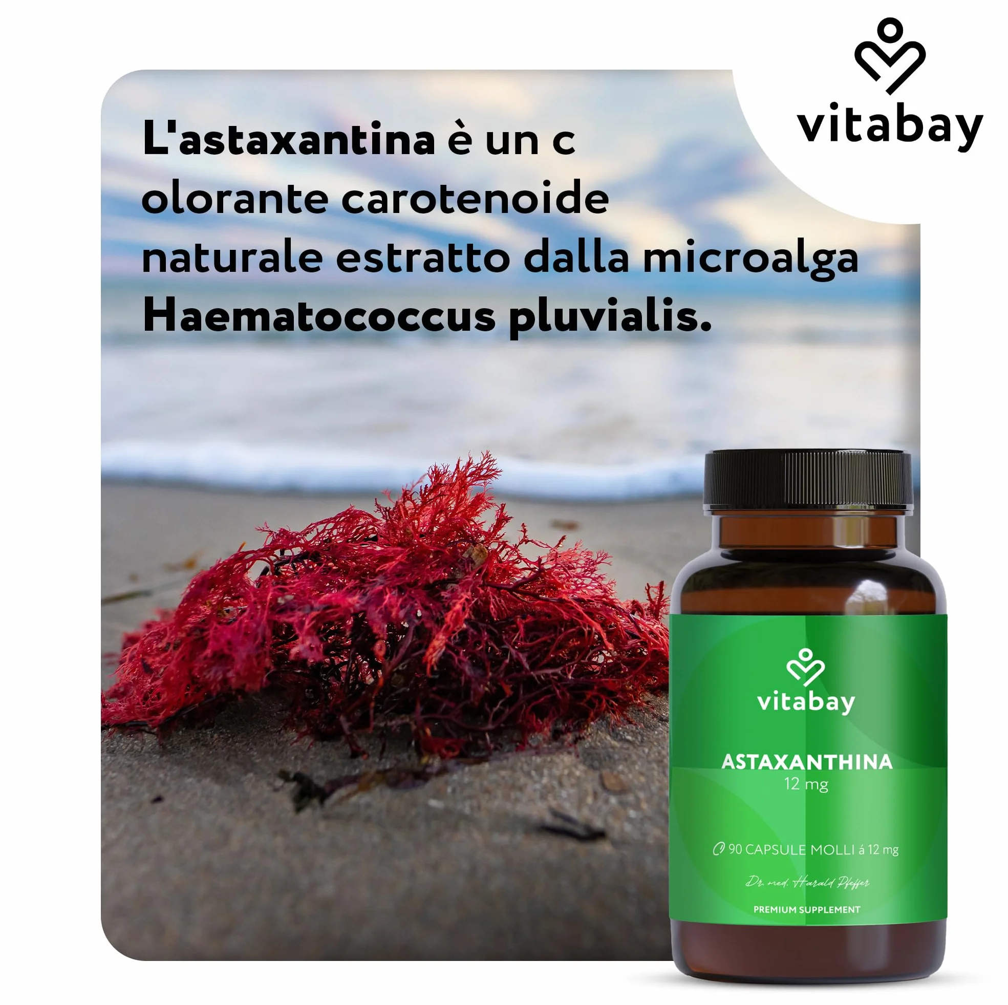 Vitabay Astaxantina 12 mg 90 capsule softgel vegane estratto di alga Haematococcus pluvialis