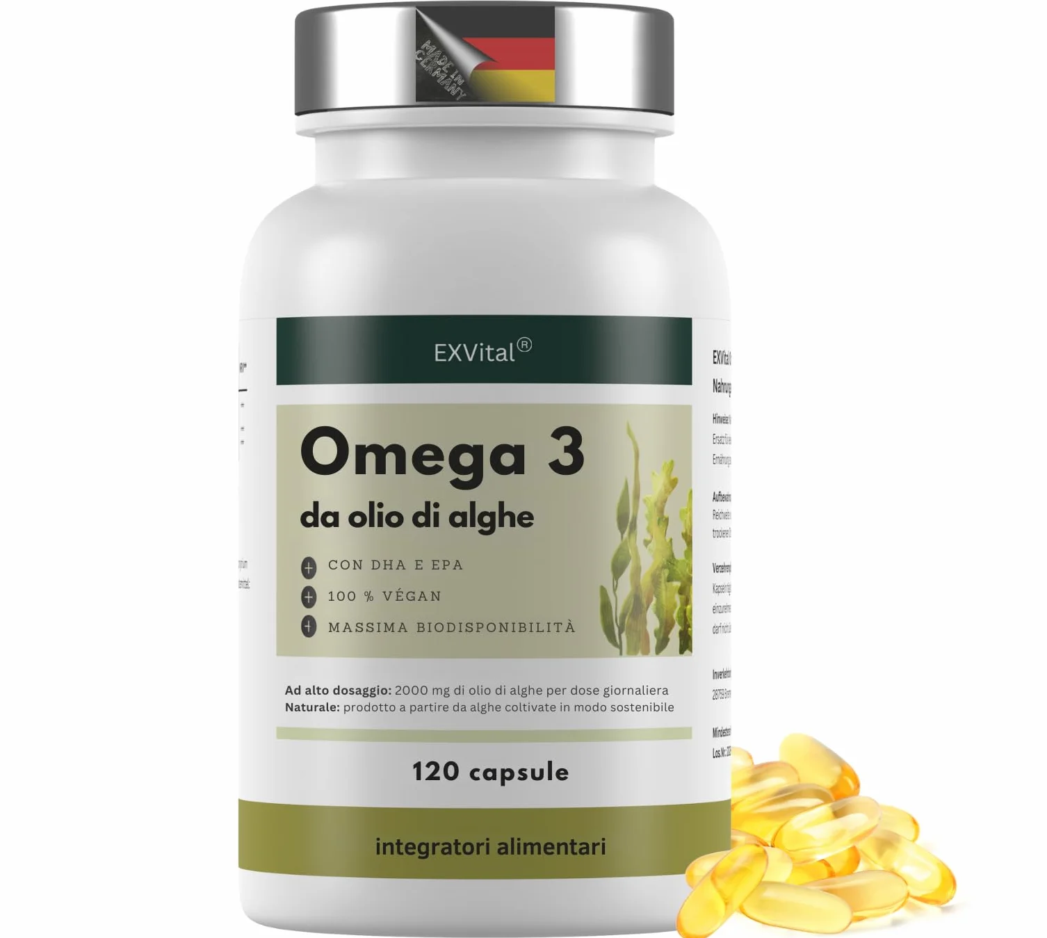 EXVital Omega 3 da olio di alghe vegano 120 capsule softgel 2000 mg 600 mg DHA 300 mg EPA