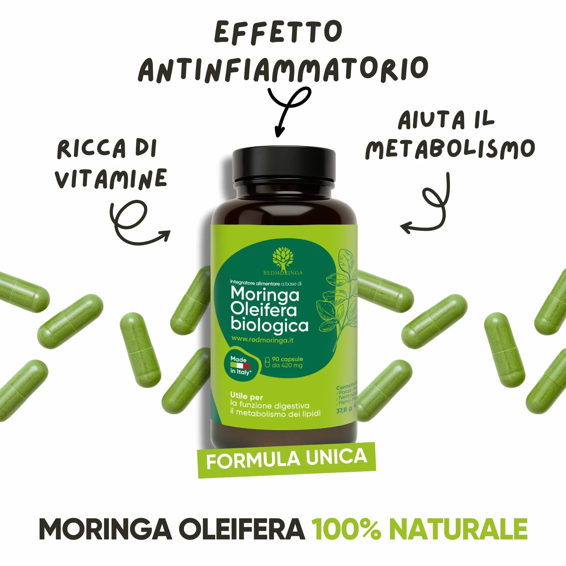Integratore Moringa Oleifera Biologica 100% Naturale Capsule Vegetali 90 Capsule Made in Italy