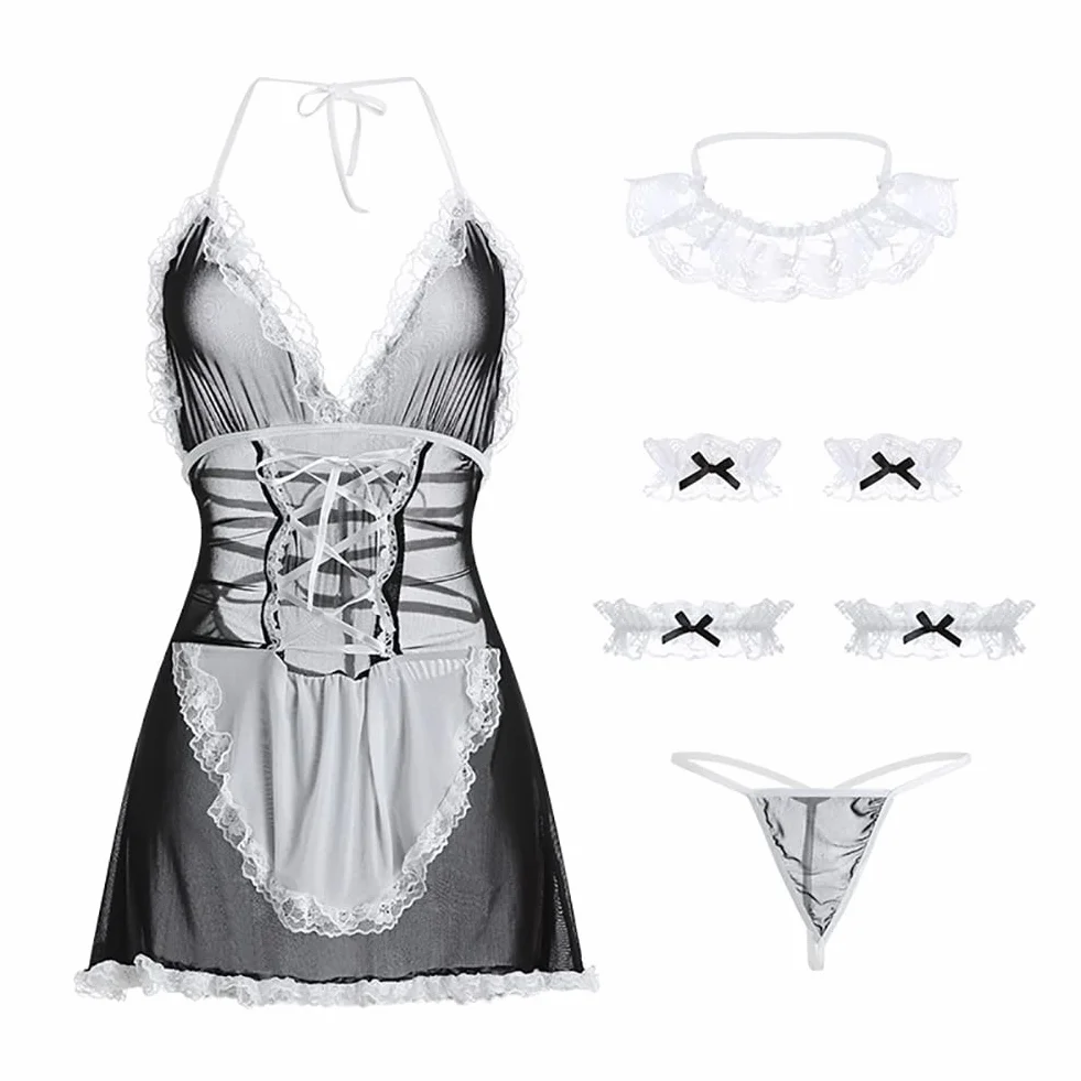 Femme Fatale Vestito da Cameriera Cosplay Lingerie Anime Francese Babydoll Costume con Grembiule