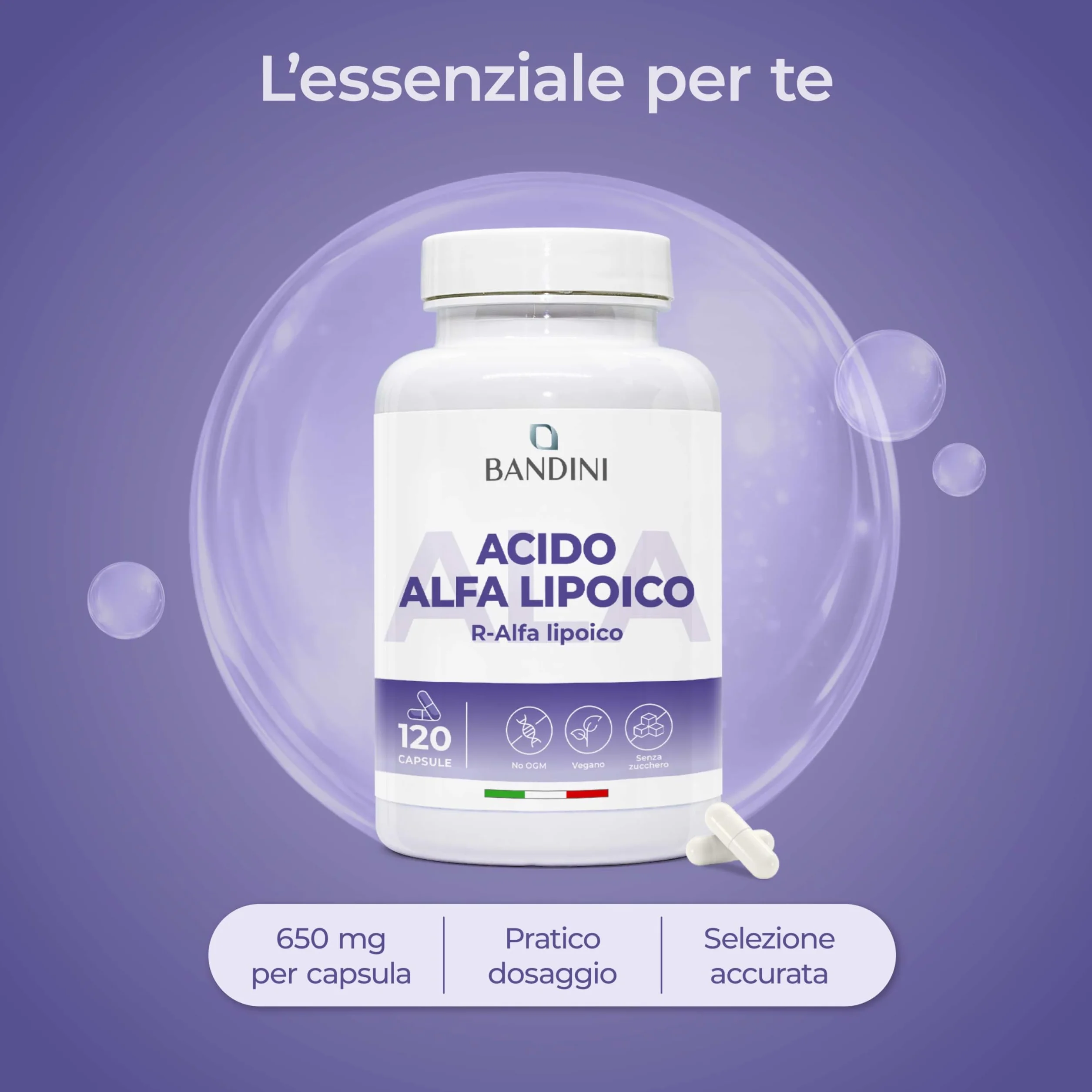 Bandini Acido Alfa Lipoico 650 mg 120 Capsule Rilascio Ritardato Antiossidante Naturale Vegan ALA