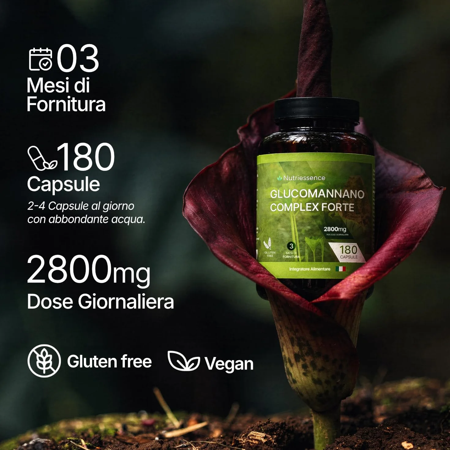 Nutriessence Glucomannano Complex 2800 mg 180 Capsule Vegetali Alto Contenuto di Cromo Niacina Inulina FOS Senza Glutine Senza Lattosio Made in Italy