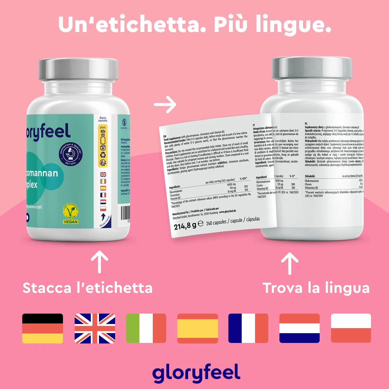Glucomannano Forte 240 Capsule 4.000 mg per Dose Giornaliera Integratore da Radice di Konjac con Cromo e Vitamina B3