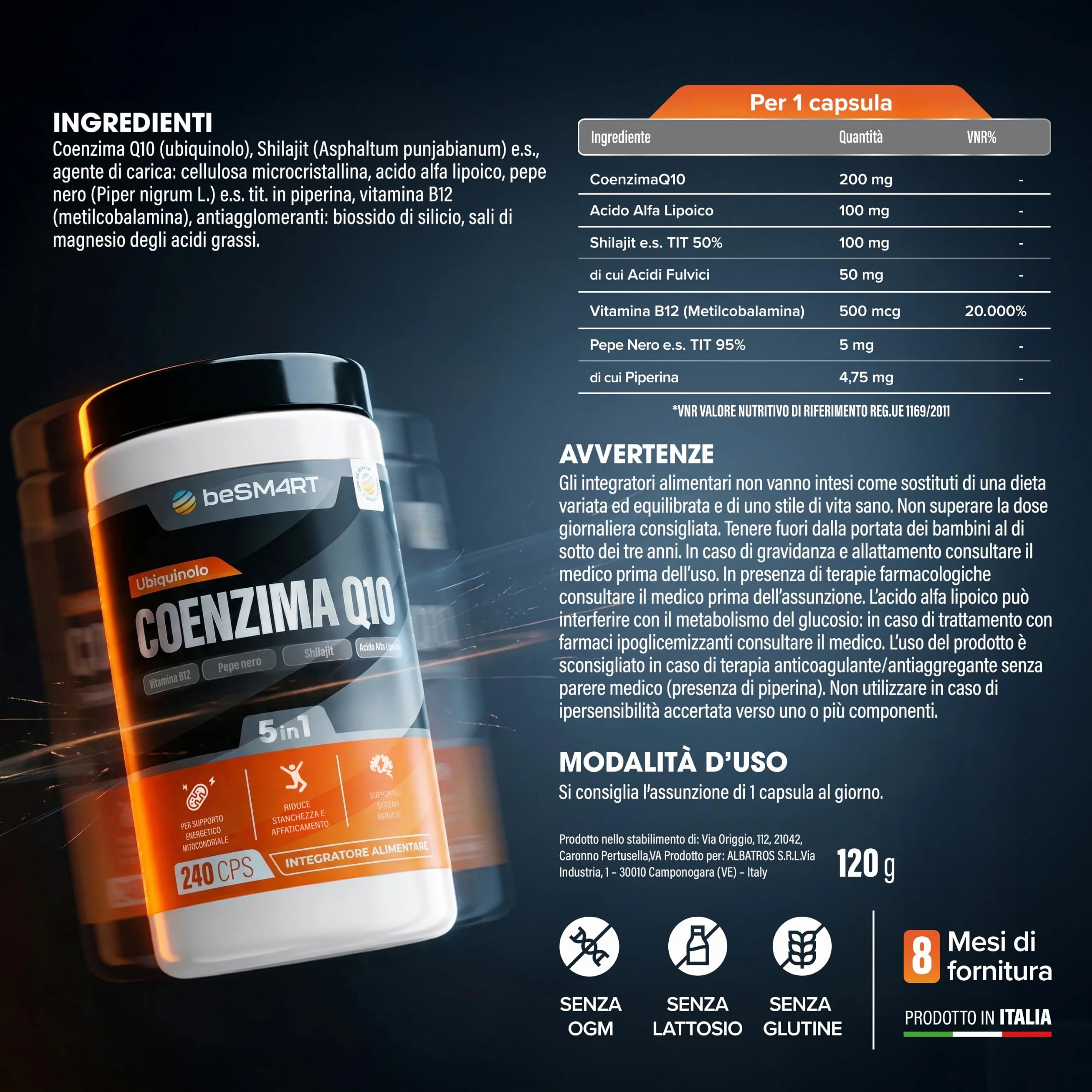 Coenzima Q10 240 Capsule Ubiquinolo 200 mg Alta Biodisponibilità Shilajit Acido Alfa Lipoico Vitamina B12 Pepe Nero Supporto Energia