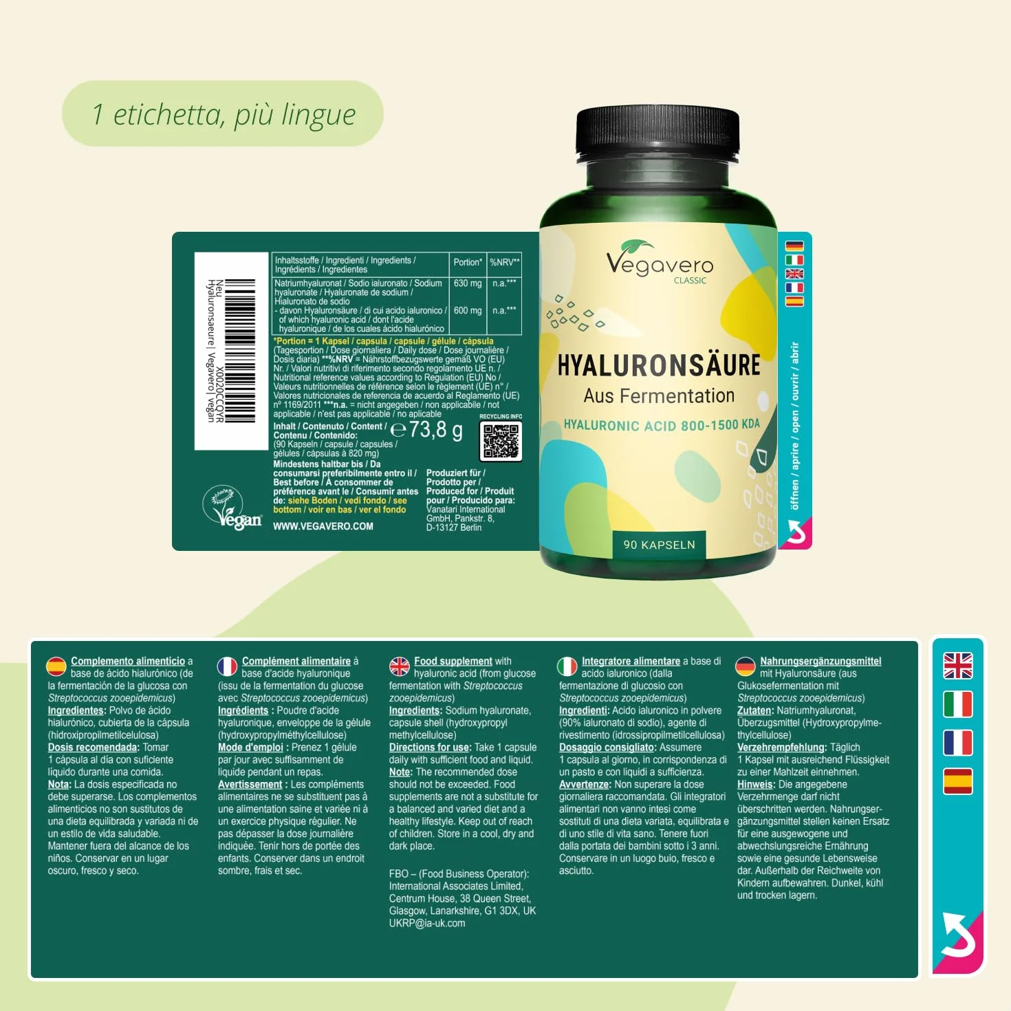 Vegavero® Acido Ialuronico Integratore 600 mg 800-1500 kDa 90 capsule Vegan Naturale
