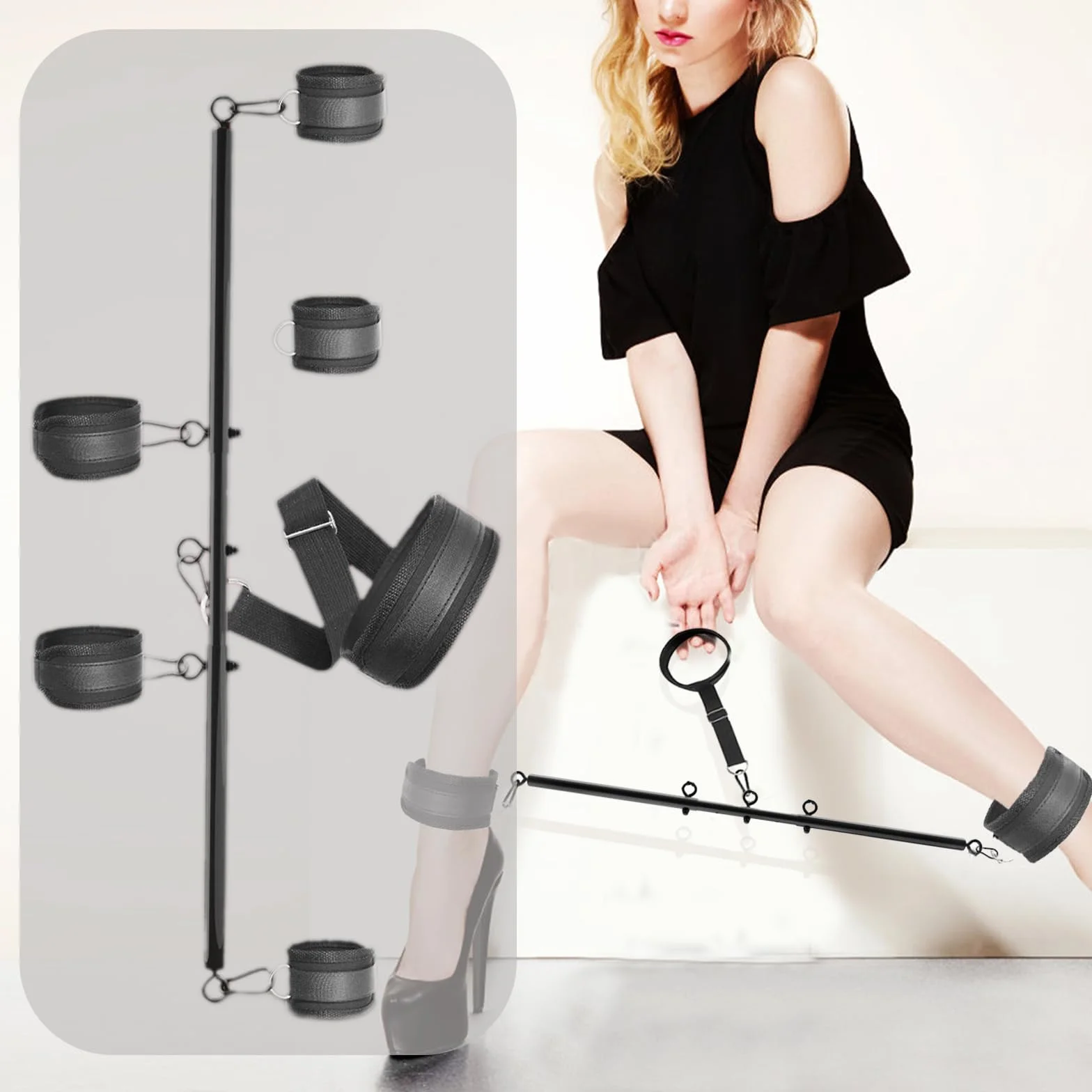 Barra Divaricatrice Regolabile BDSM con Collare e Manette – Set di Costrizione per Polsi, Collo e Caviglie