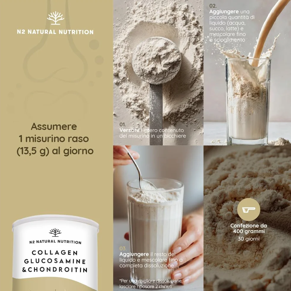N2 Natural Nutrition Glucosamina 1500mg Condroitina 1200mg Collagene Idrolizzato 10000mg Acido Ialuronico Vitamina C