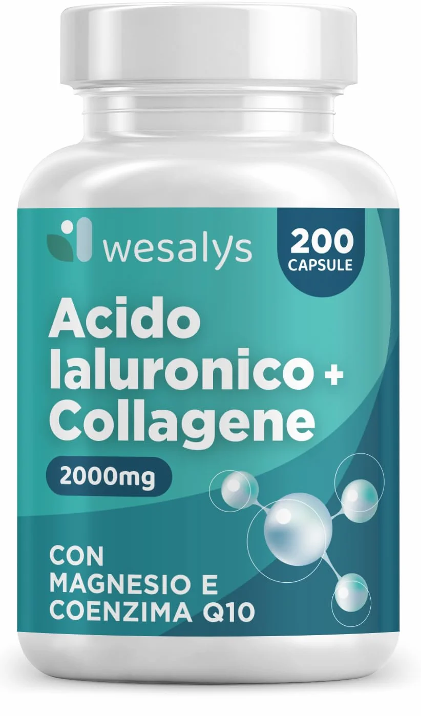 Collagene Idrolizzato 2000mg + Acido Ialuronico 500mg 200 Capsule Integratore con Vitamina C Coenzima Q10 Zinco