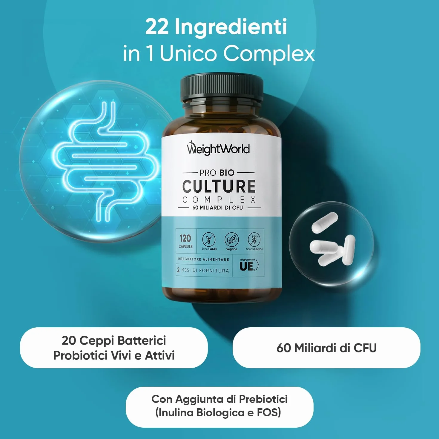 Probiotici Complex 120 Capsule 60 Miliardi CFU 20 Ceppi Lactobacillus Gasseri Rhamnosus Reuteri Bifidobacterium Longum